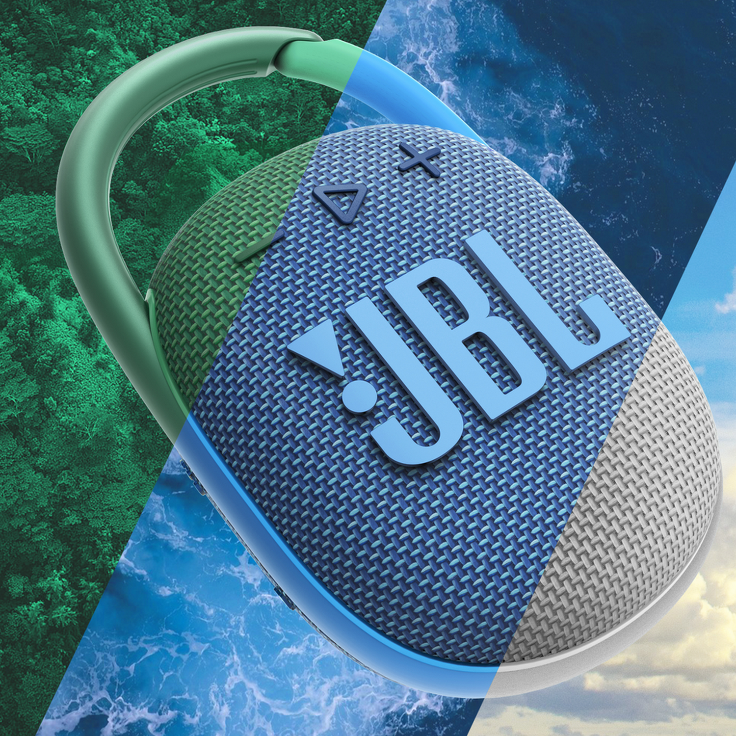 Niebiesko-zielony głośnik JBL. Głośnik ma klips i siatkową konstrukcję.