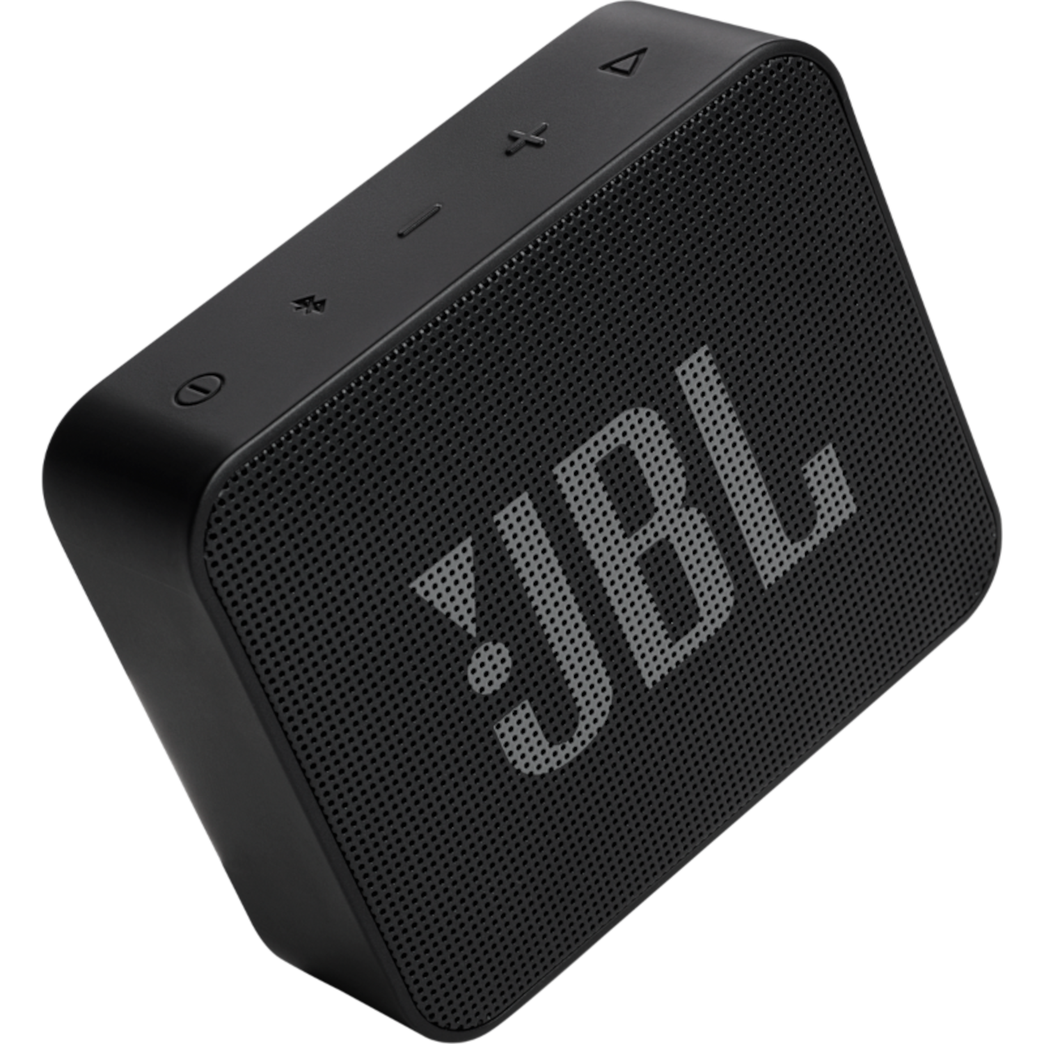 Ein schwarzer JBL-Lautsprecher mit Lautstärke- und Ein-/Aus-Tasten, JBL-Logo.