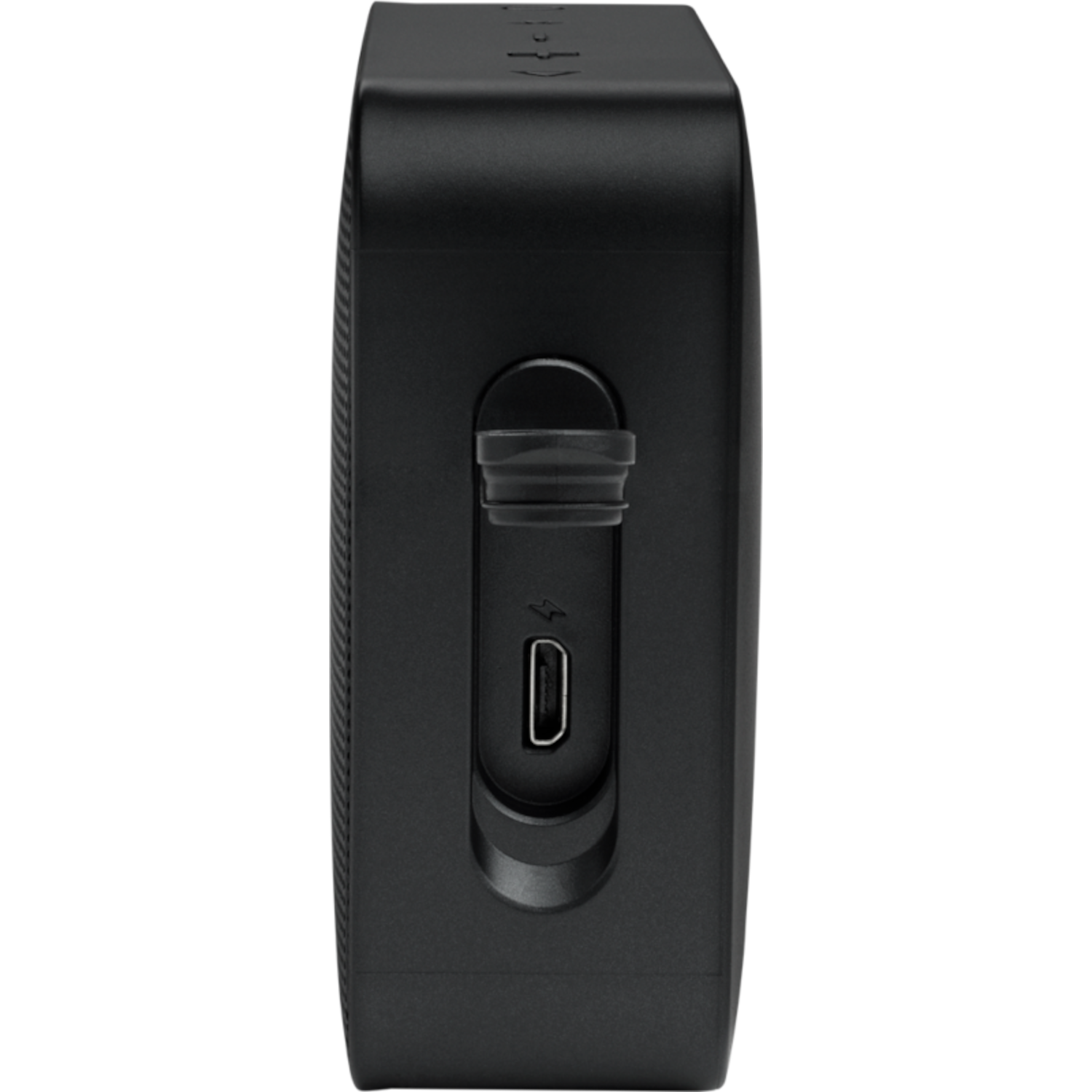 Ein schwarzer, rechteckiger Lautsprecher mit einem USB-Anschluss. Der Lautsprecher hat Knöpfe.