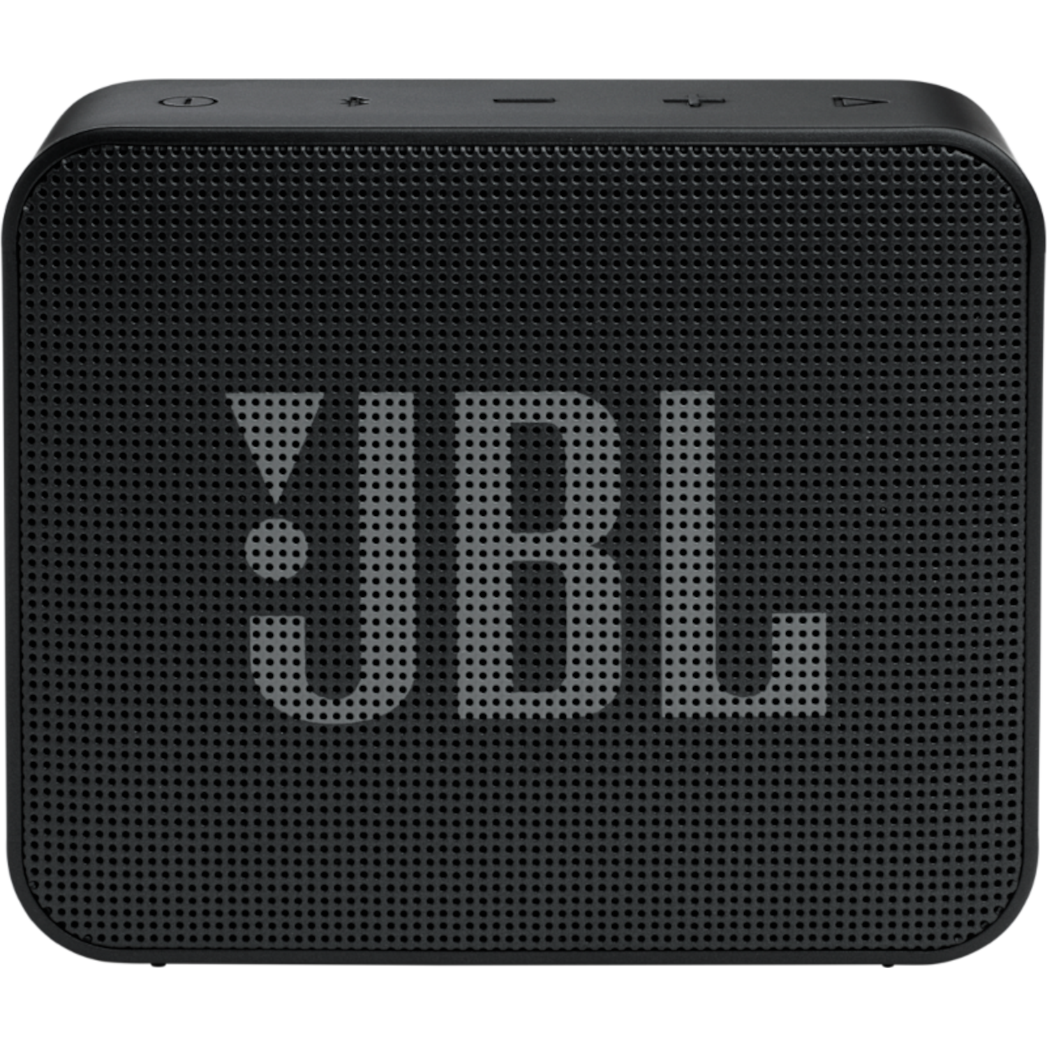 Schwarzer JBL-Lautsprecher mit dem JBL-Logo in Grau auf der Vorderseite. Er hat eine quadratische Form.