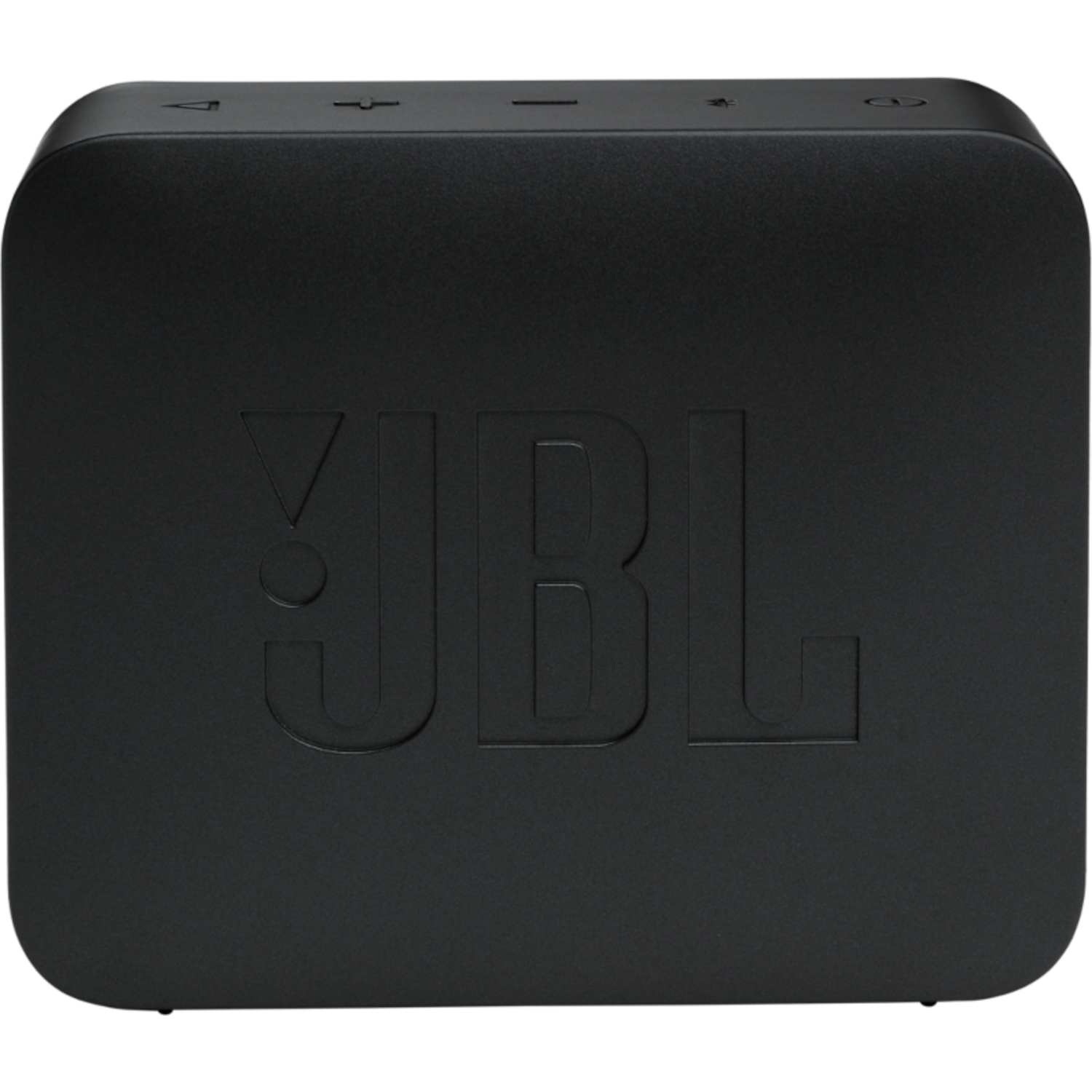 Schwarzer JBL-Lautsprecher mit dem geprägten JBL-Logo auf der Vorderseite.