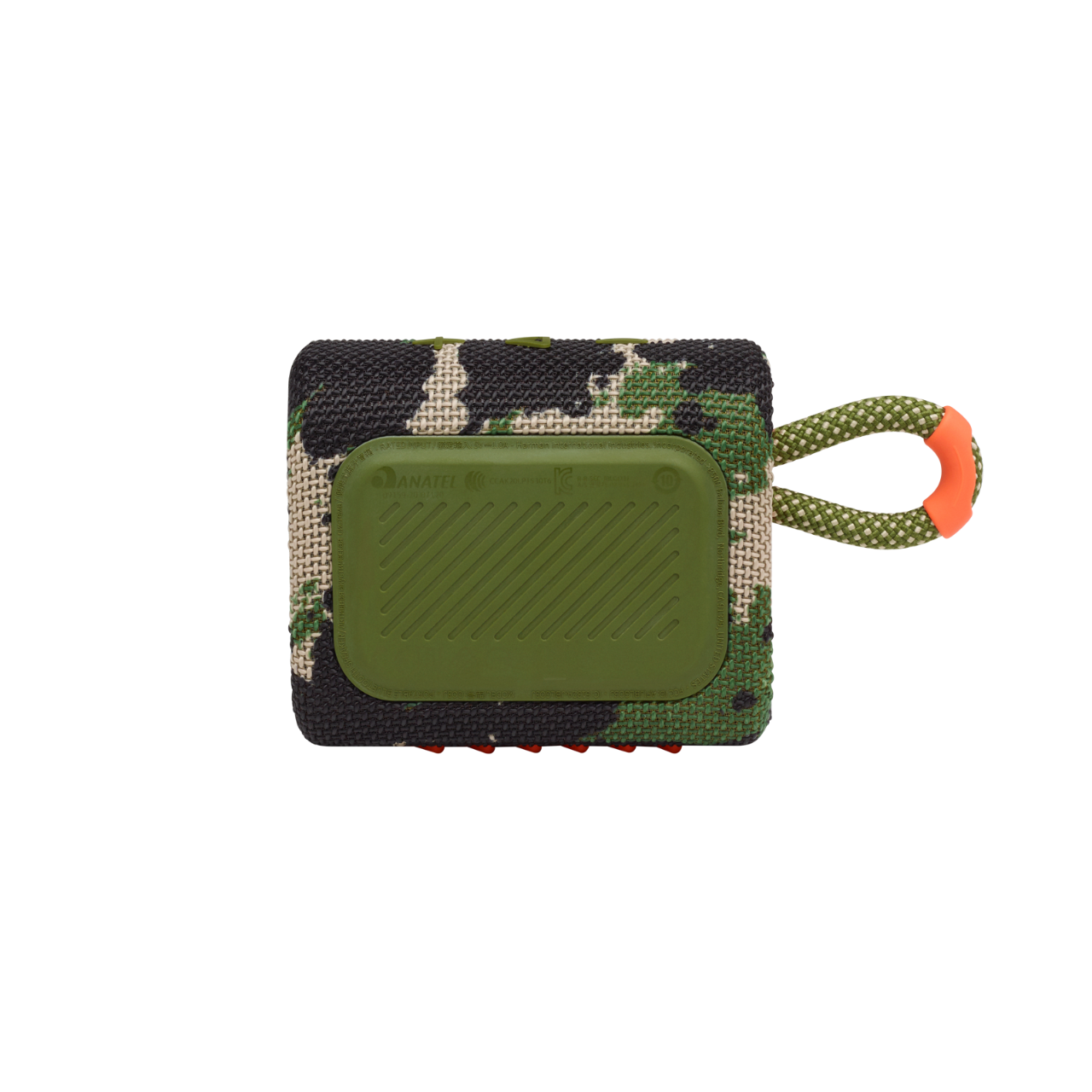 Głośnik JBL w kamuflażu z pomarańczowym uchwytem, na czarnym tle.