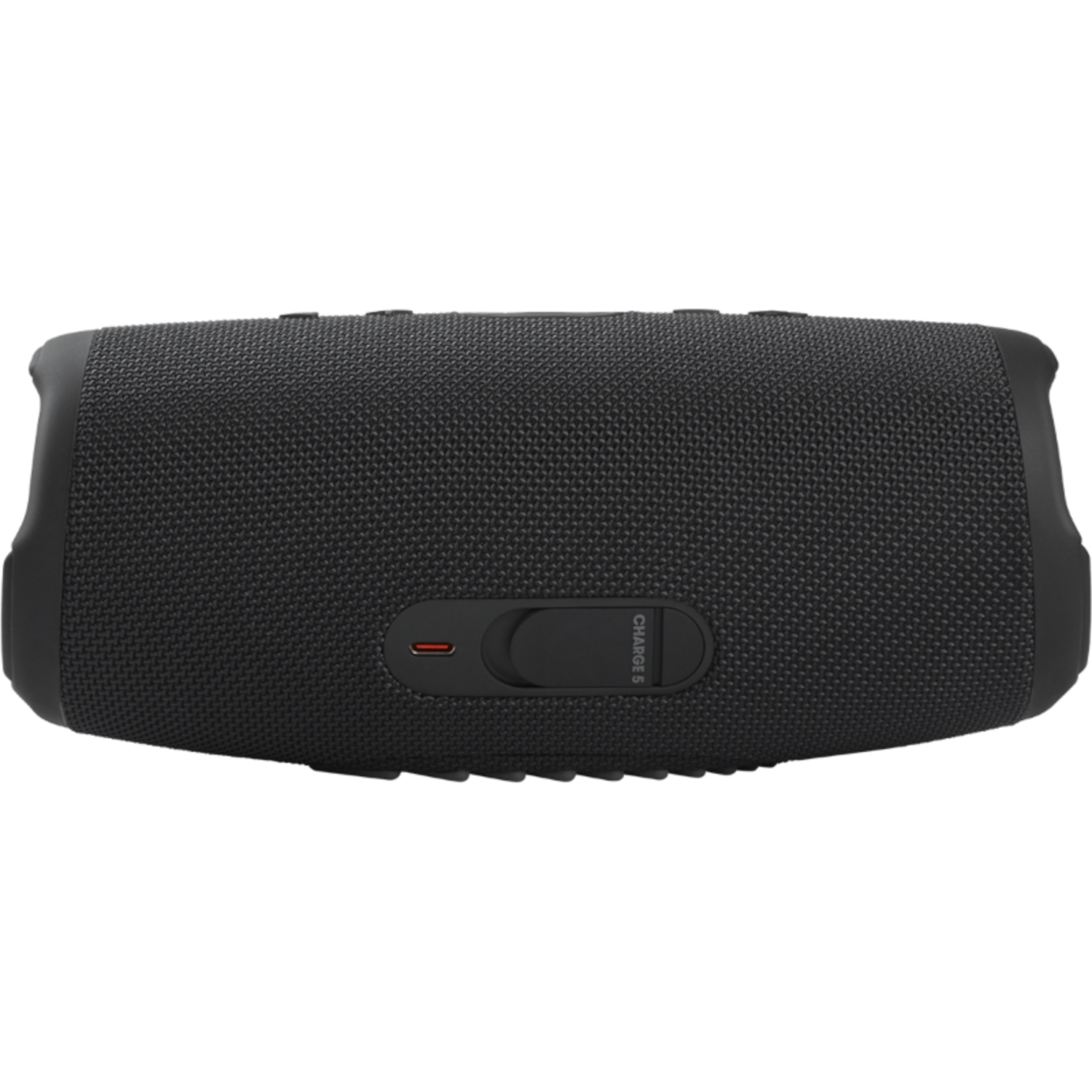 Czarny głośnik JBL Charge 5. Czarna siatka, z portem ładowania i przyciskami, na czarnym tle.