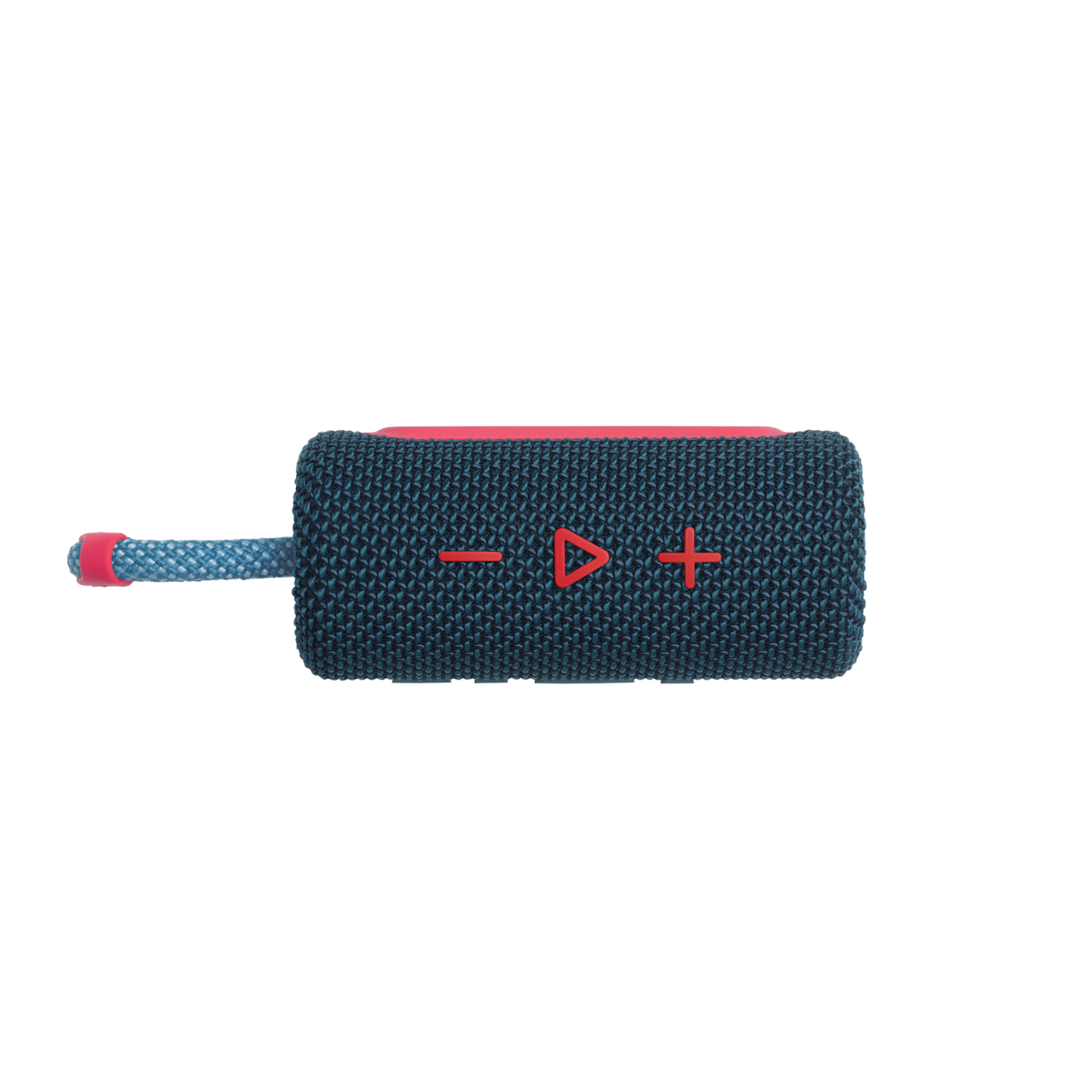 Niebiesko-czerwony głośnik z przyciskami i paskiem na czarnym tle.