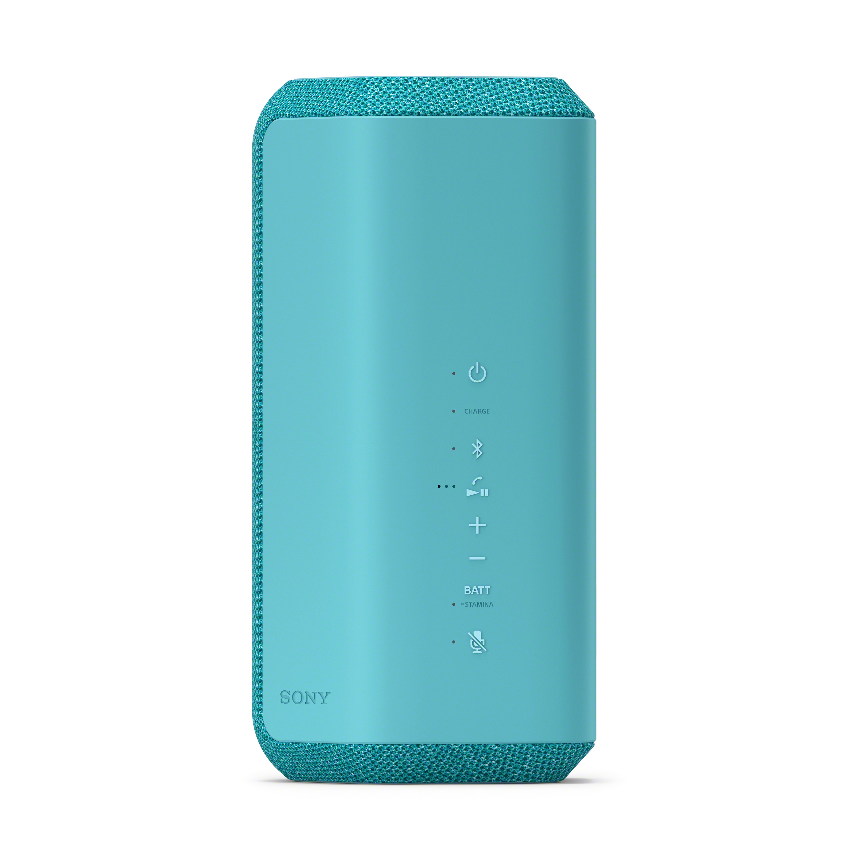 Un altavoz Sony cilíndrico, azul claro, con botones. El altavoz es azul claro.