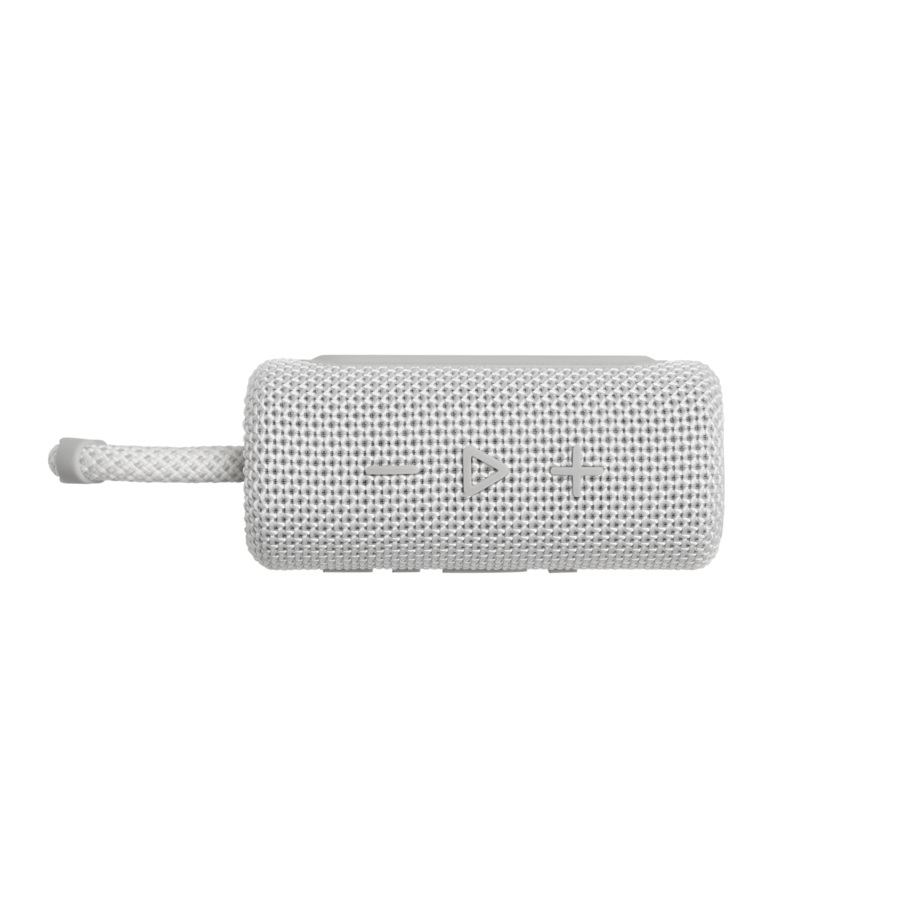 Un altavoz portátil blanco con una cuerda sobre un fondo negro.