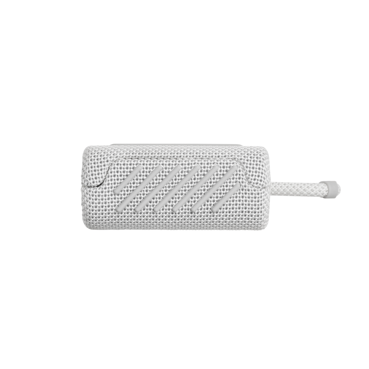 Altavoz portátil blanco, vista superior, con líneas diagonales grises en los lados.