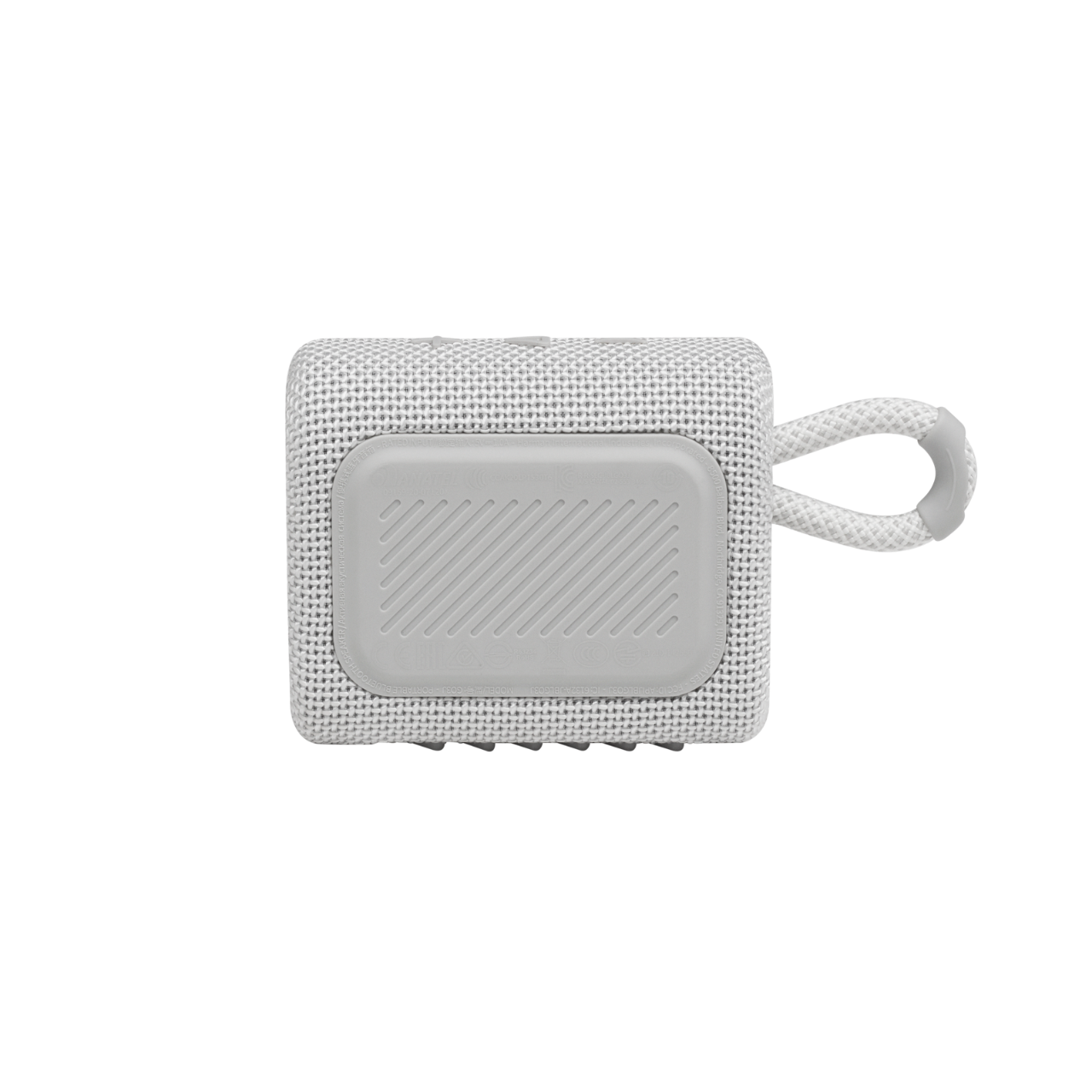 Altavoz portátil blanco, rectangular, con asa. Parte frontal gris texturizada con botones.