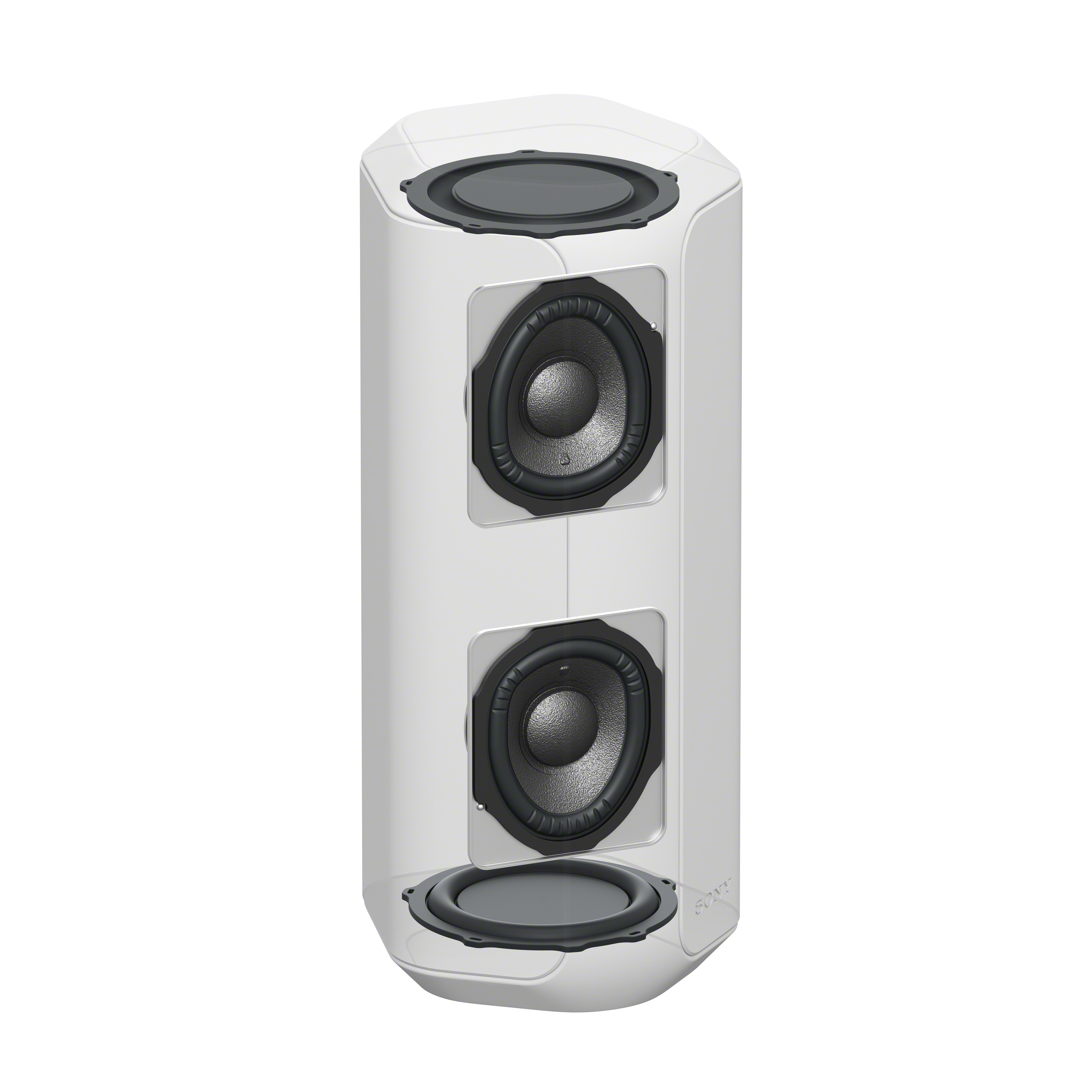 Altavoz blanco con altavoces negros, dos visibles. Vista lateral clara.
