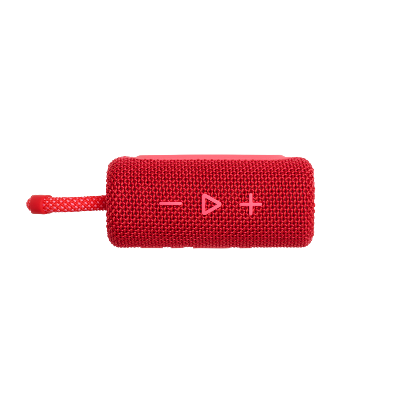 Czerwony, prostokątny głośnik z przyciskami sterowania. Czarne tło. Czerwony pasek z boku.