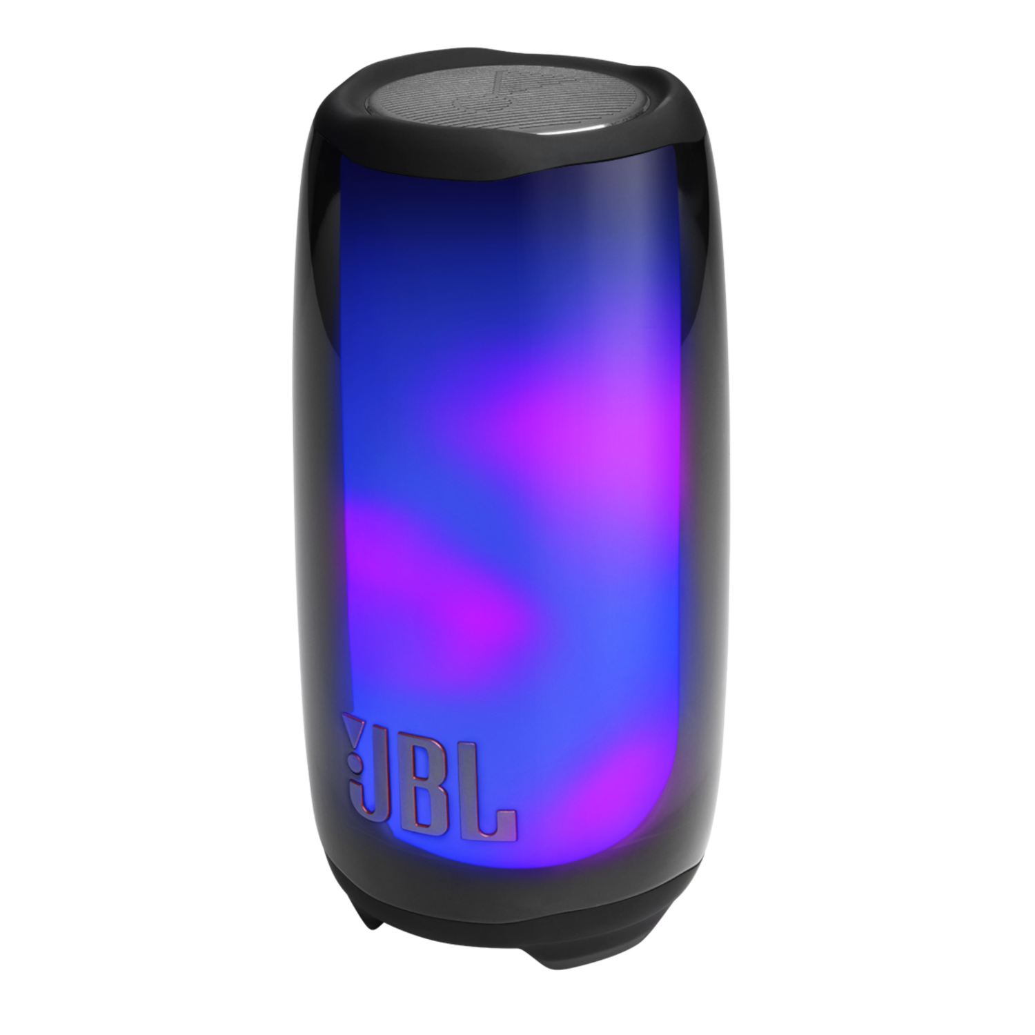 Ein schwarzer Lautsprecher mit einem leuchtenden Bereich blauer und violetter Lichter. JBL-Logo in Weiß.