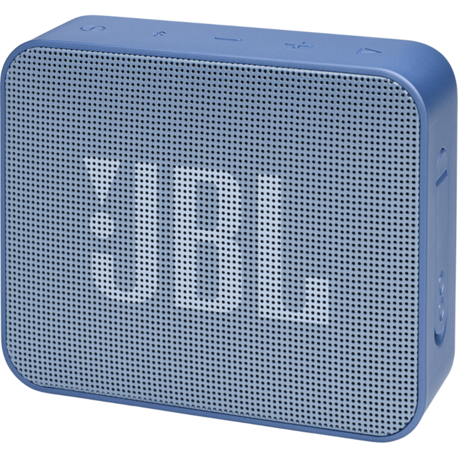 Niebieski głośnik JBL. Ma perforowany przód z logo JBL. Przyciski są widoczne na górze.