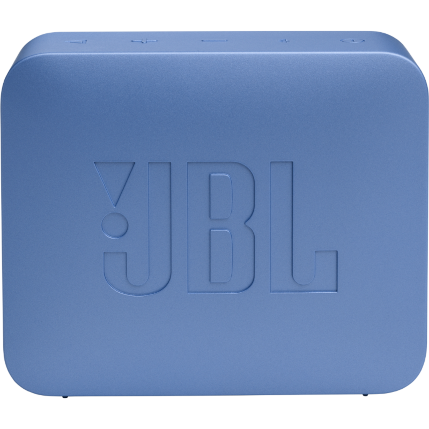Niebieski głośnik JBL, prostokątny kształt, z przyciskami na górze.