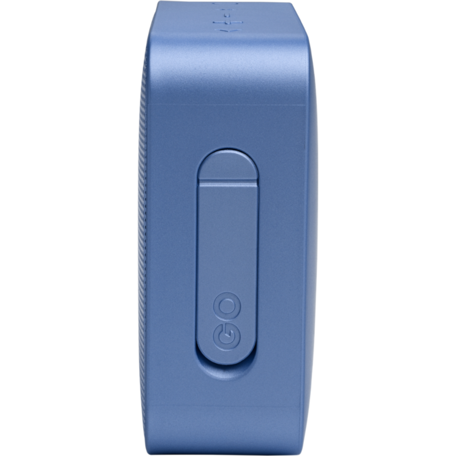 Niebieski prostokątny głośnik z przyciskiem zasilania i etykietą 'GO'.