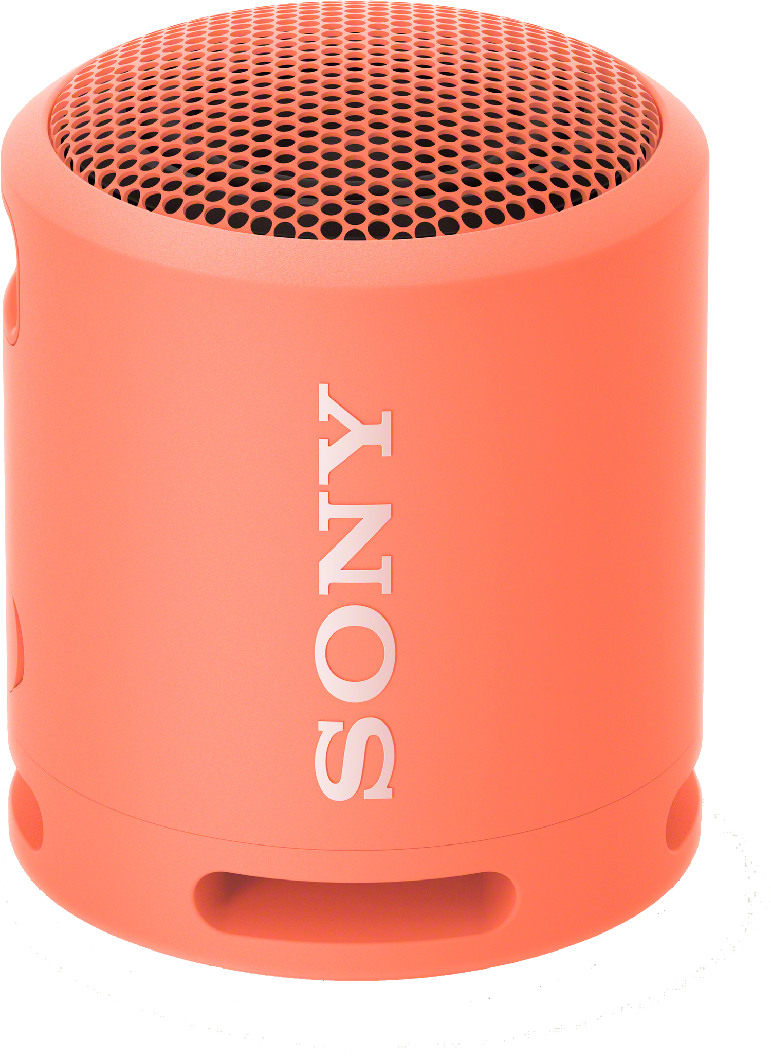 Koralowy, cylindryczny głośnik Sony. Słowo SONY jest napisane na głośniku na biało.