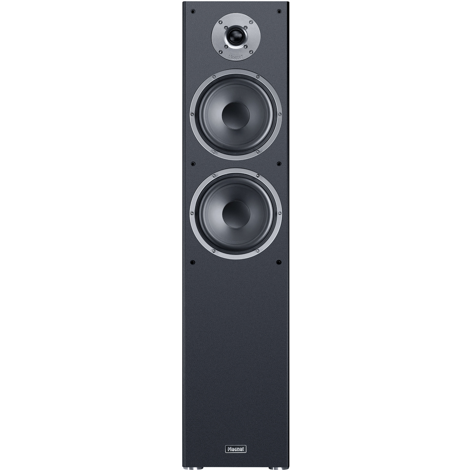 Wysoki czarny głośnik z dwoma głośnikami i głośnikiem wysokotonowym.