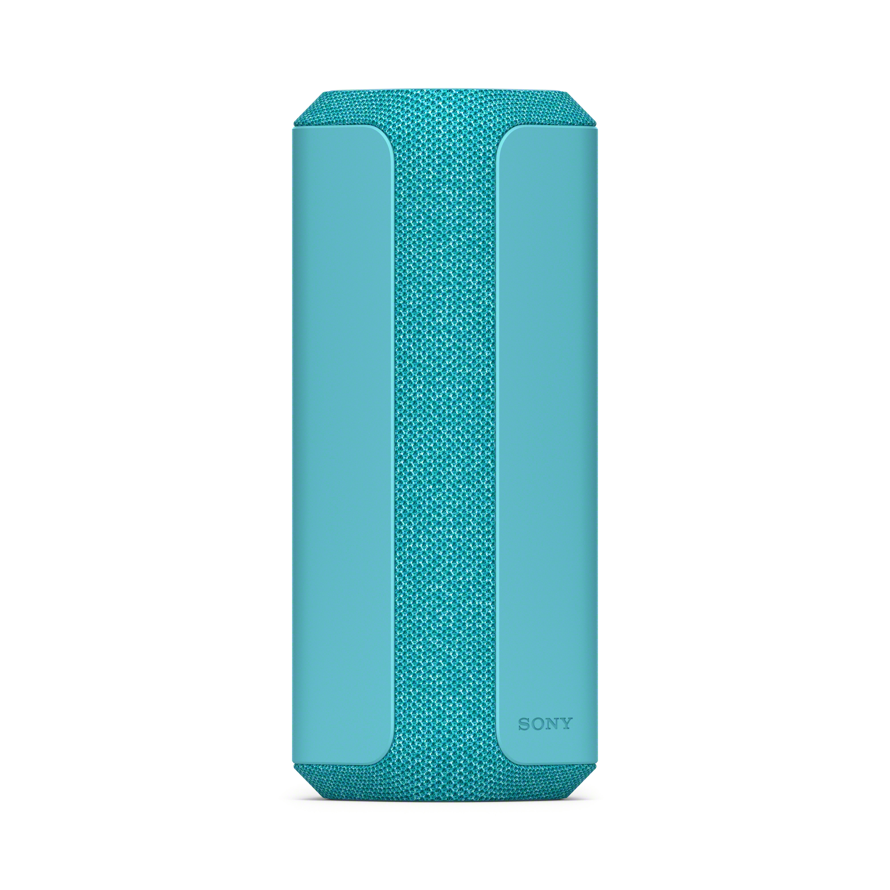 Altavoz turquesa con forma rectangular. Logotipo de Sony visible.