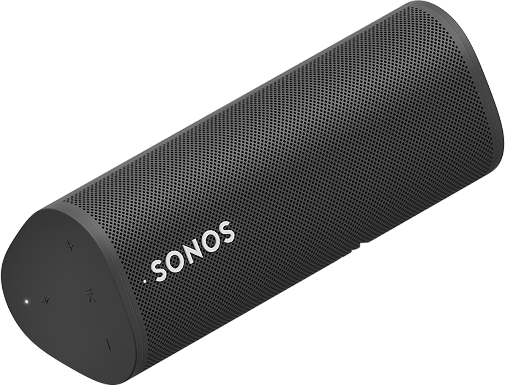 Czarny głośnik walcowy na białym tle, pod kątem, z białym napisem 'SONOS'.