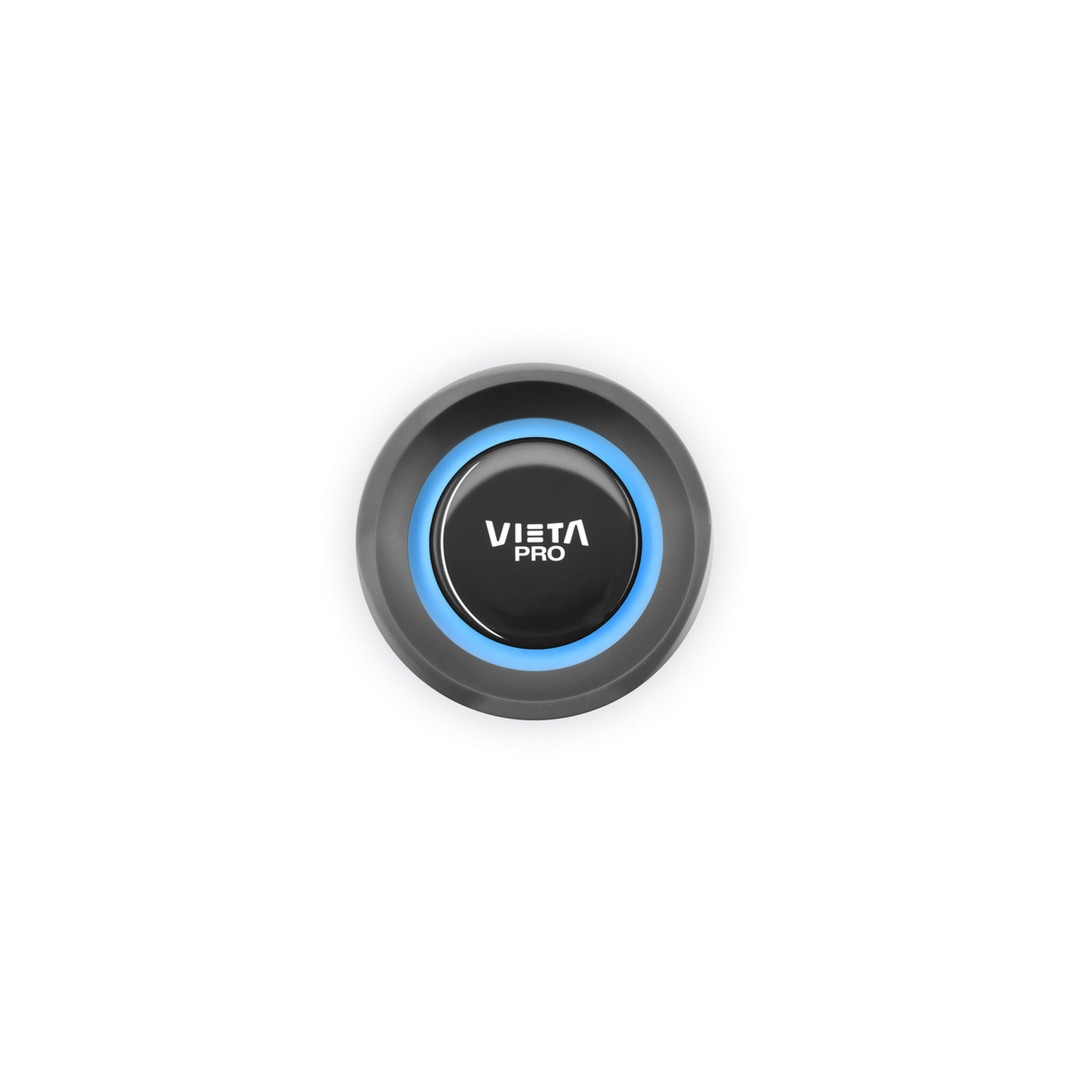 Un botón Vista Pro negro con un anillo de luz azul, sobre un fondo blanco.
