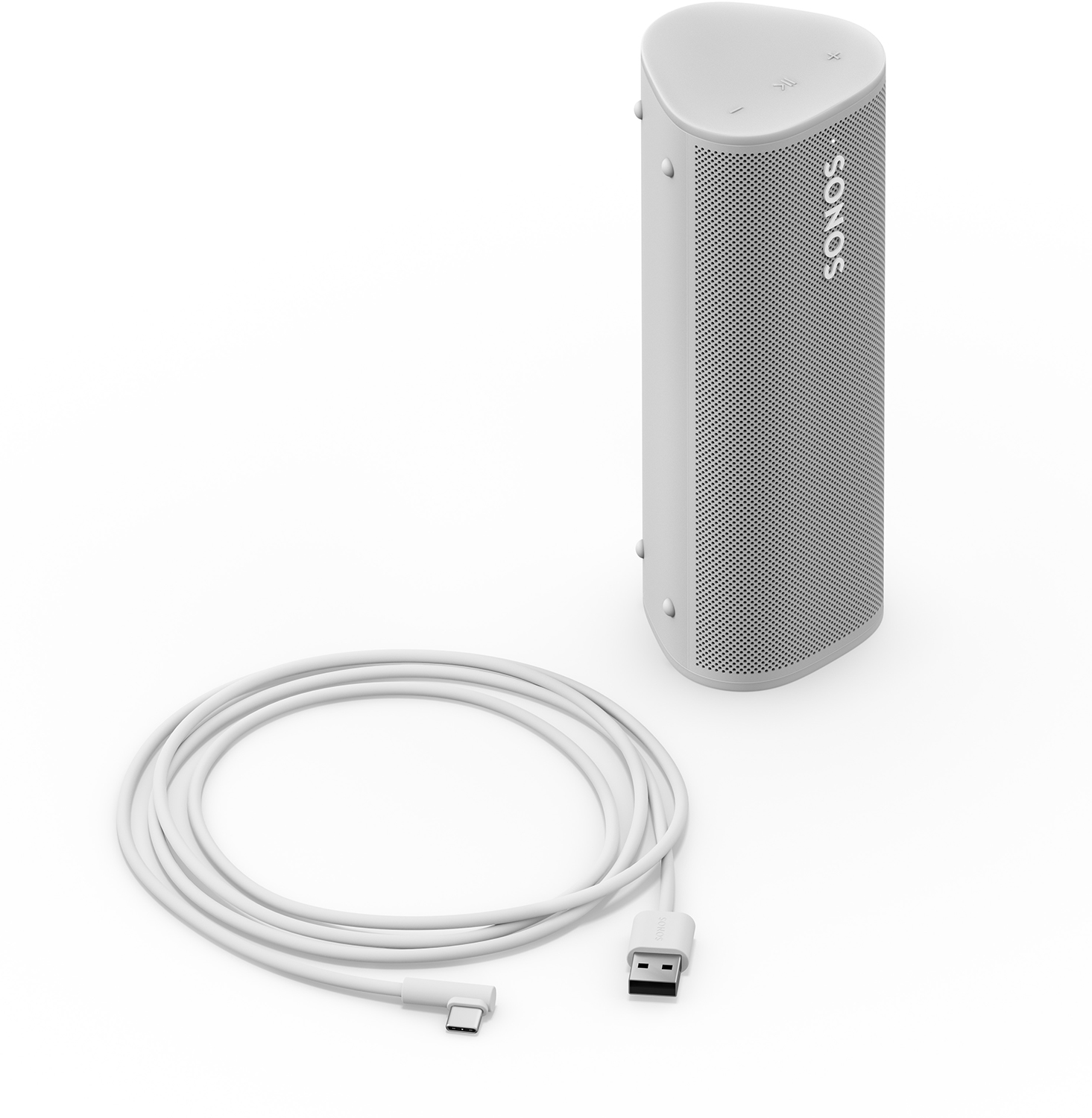 Altavoz Sonos blanco y cable blanco con conectores USB-C y USB.
