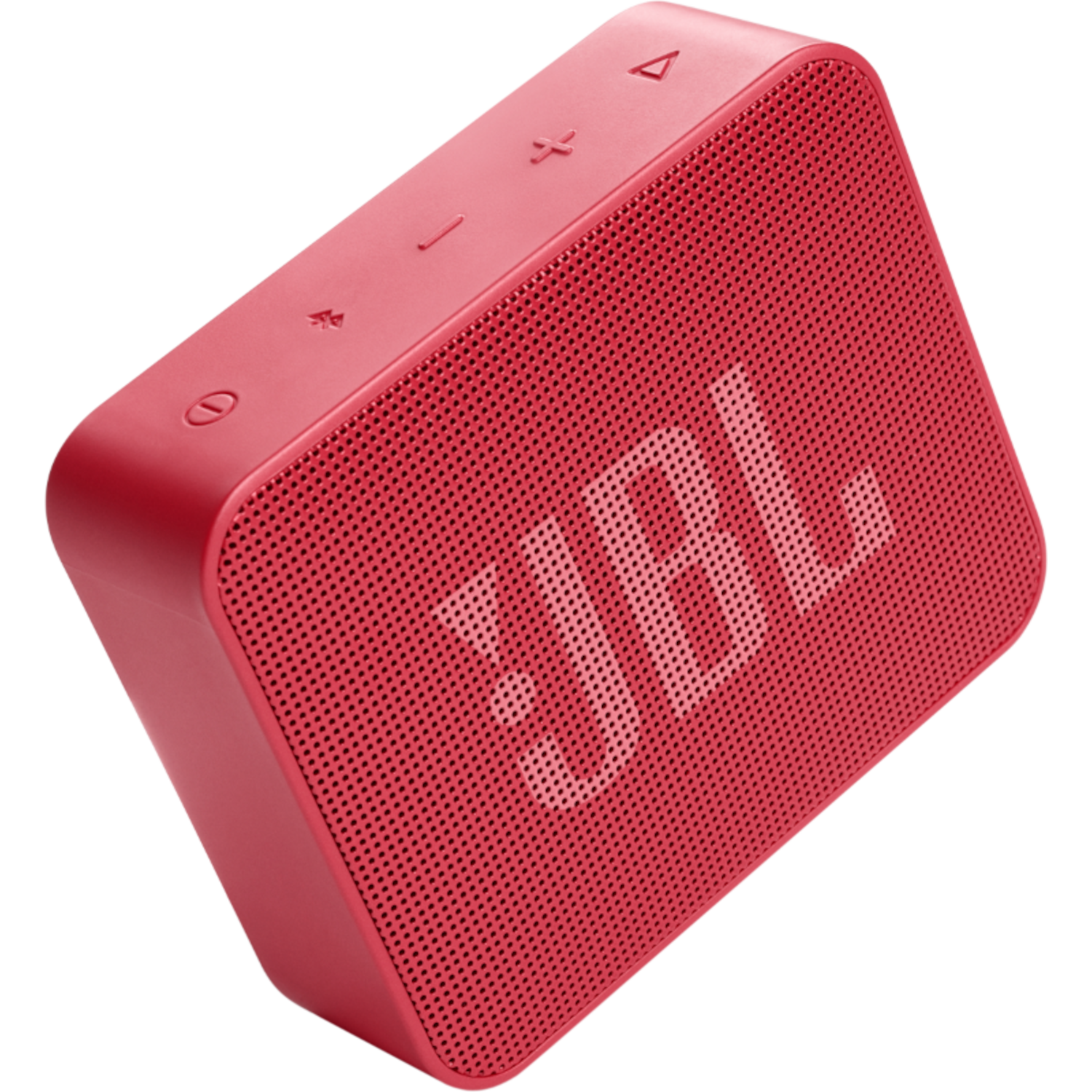 Czerwony głośnik JBL. Ma przyciski na górze i napis JBL z przodu.