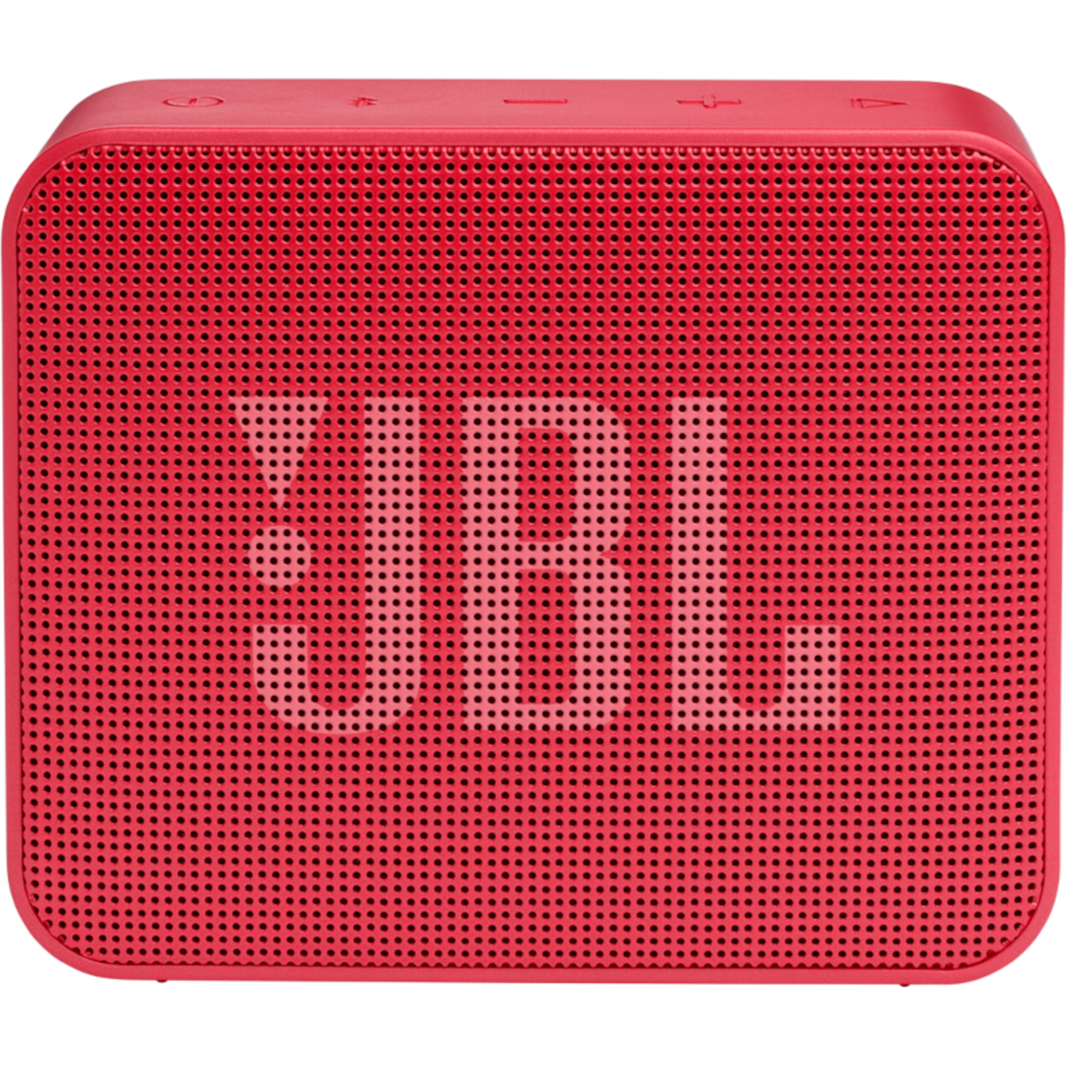 Czerwony, kwadratowy głośnik JBL z logo JBL i konstrukcją maskownicy z przodu.