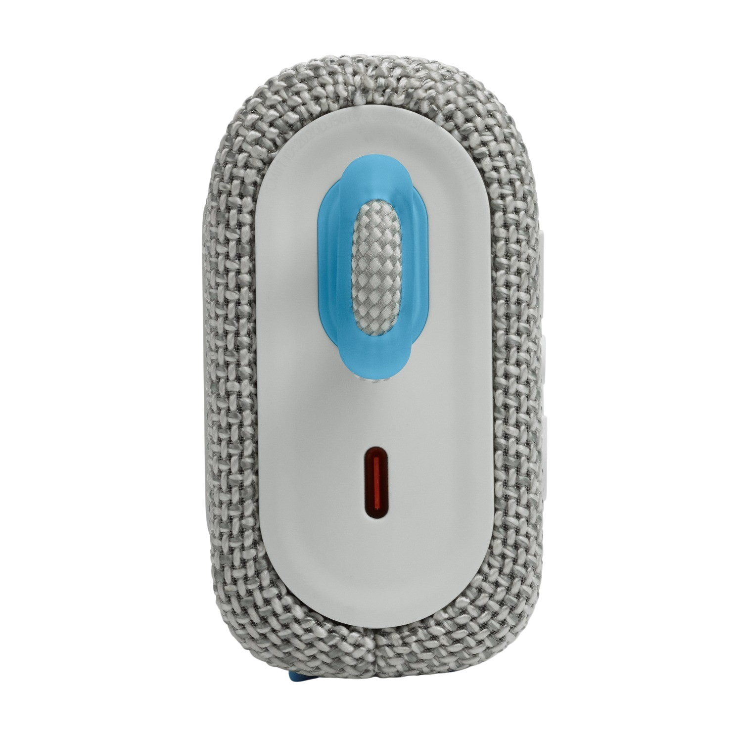 Szary głośnik z niebieskim paskiem i czerwonym przyciskiem.