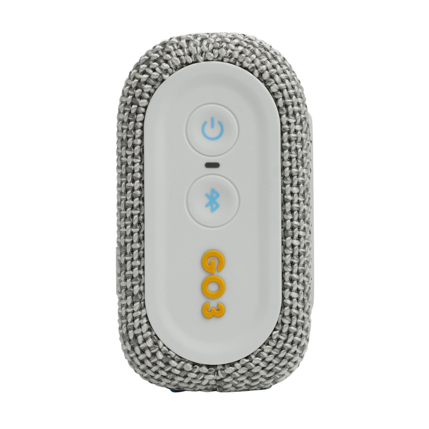 Mały szary głośnik z białym panelem sterowania. Ikony zasilania i Bluetooth. 'GO3' w kolorze żółtym.