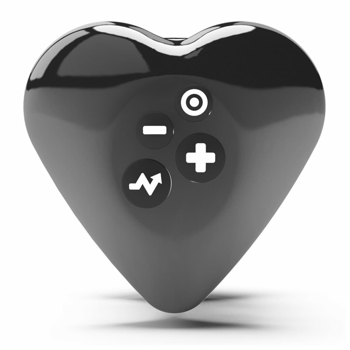 Schwarzes herzförmiges Gerät mit Knöpfen. Kreisförmige, Minus-, Plus- und Zickzack-Symbole sind sichtbar.
