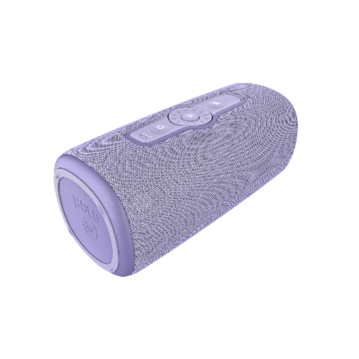 Un haut-parleur cylindrique violet clair avec des boutons sur le dessus.