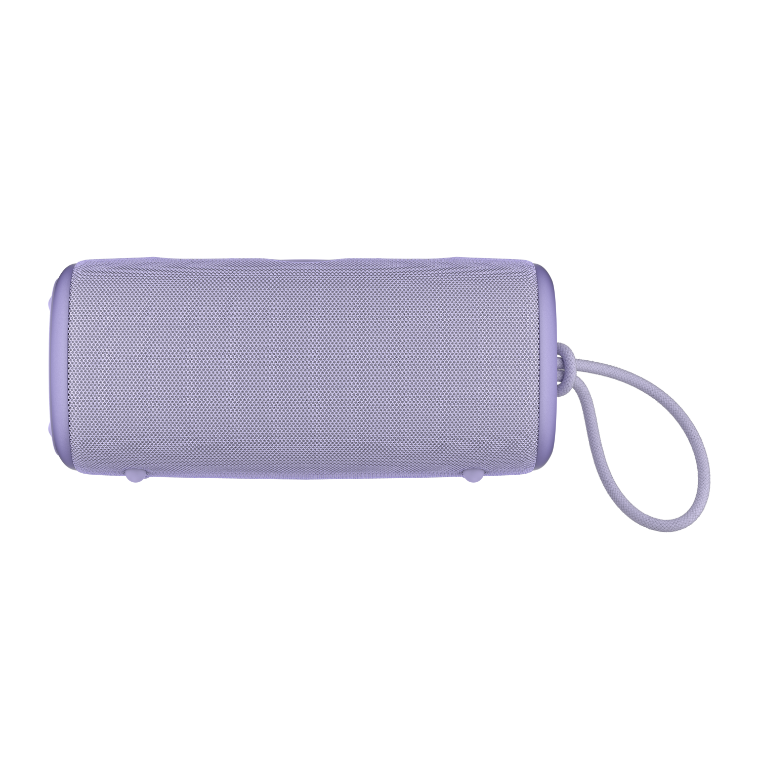 Haut-parleur violet avec une poignée. Le haut-parleur est long et plat. Fond blanc.