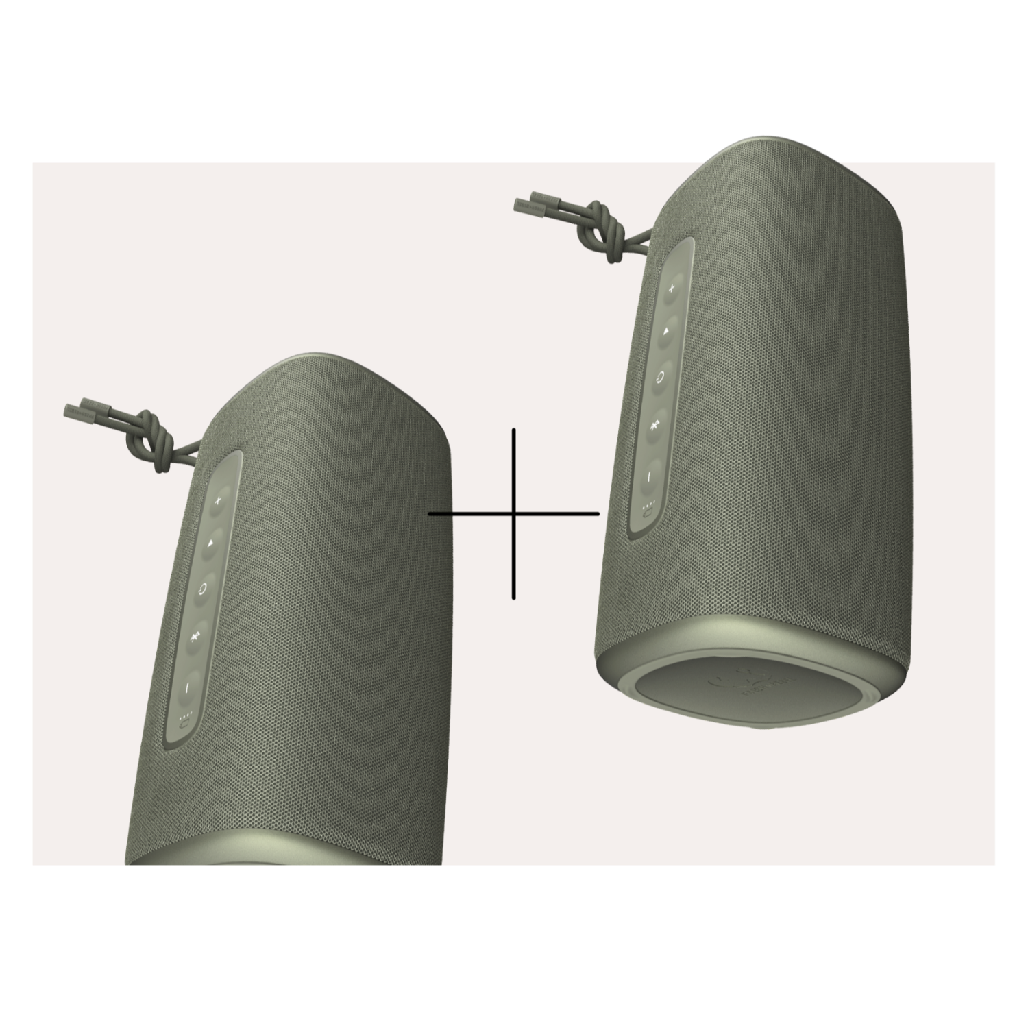 Twee groene speakers met een plusteken ertussen op een lichte achtergrond.