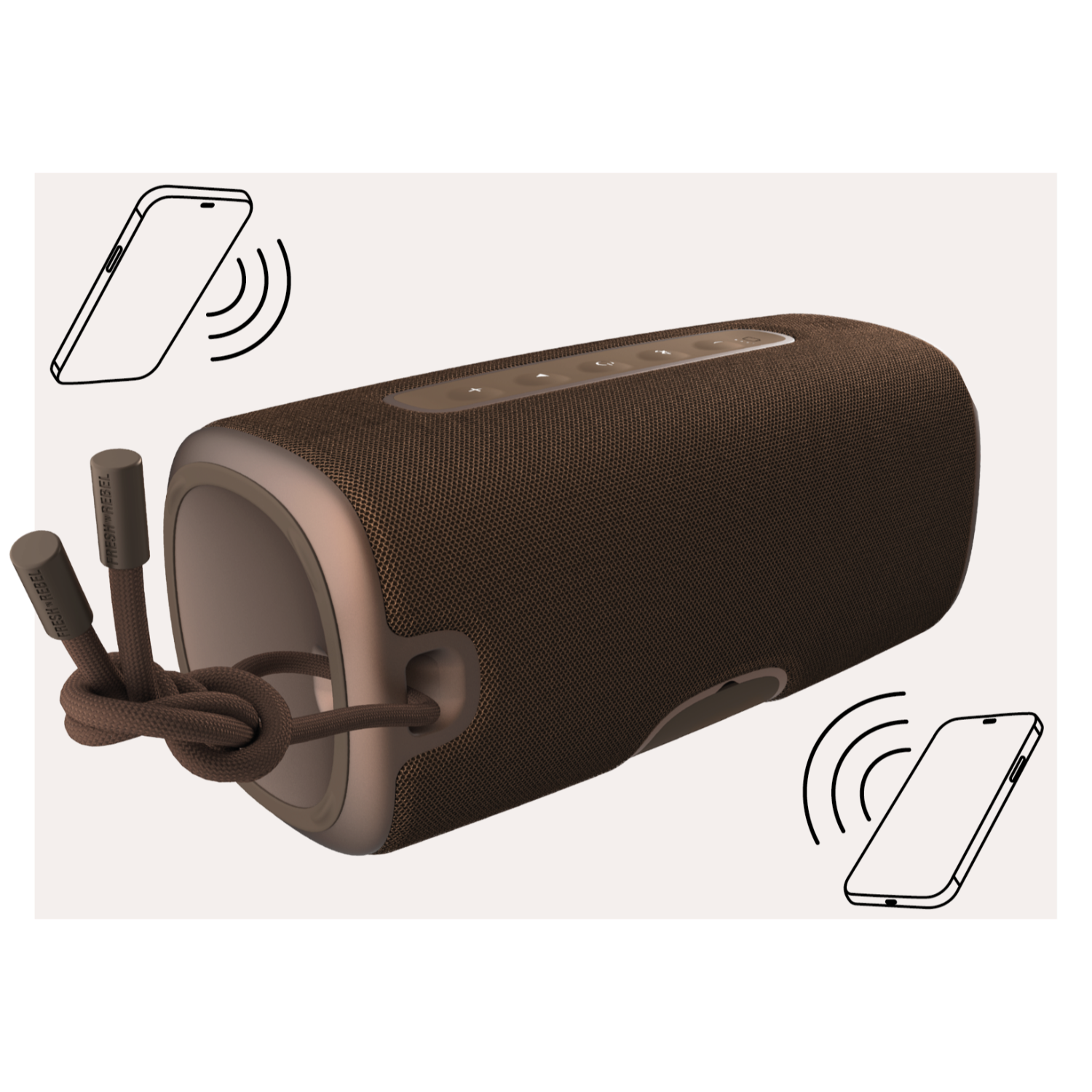 Brauner Lautsprecher mit Kabel und Telefonsymbolen, die drahtlose Konnektivität anzeigen.