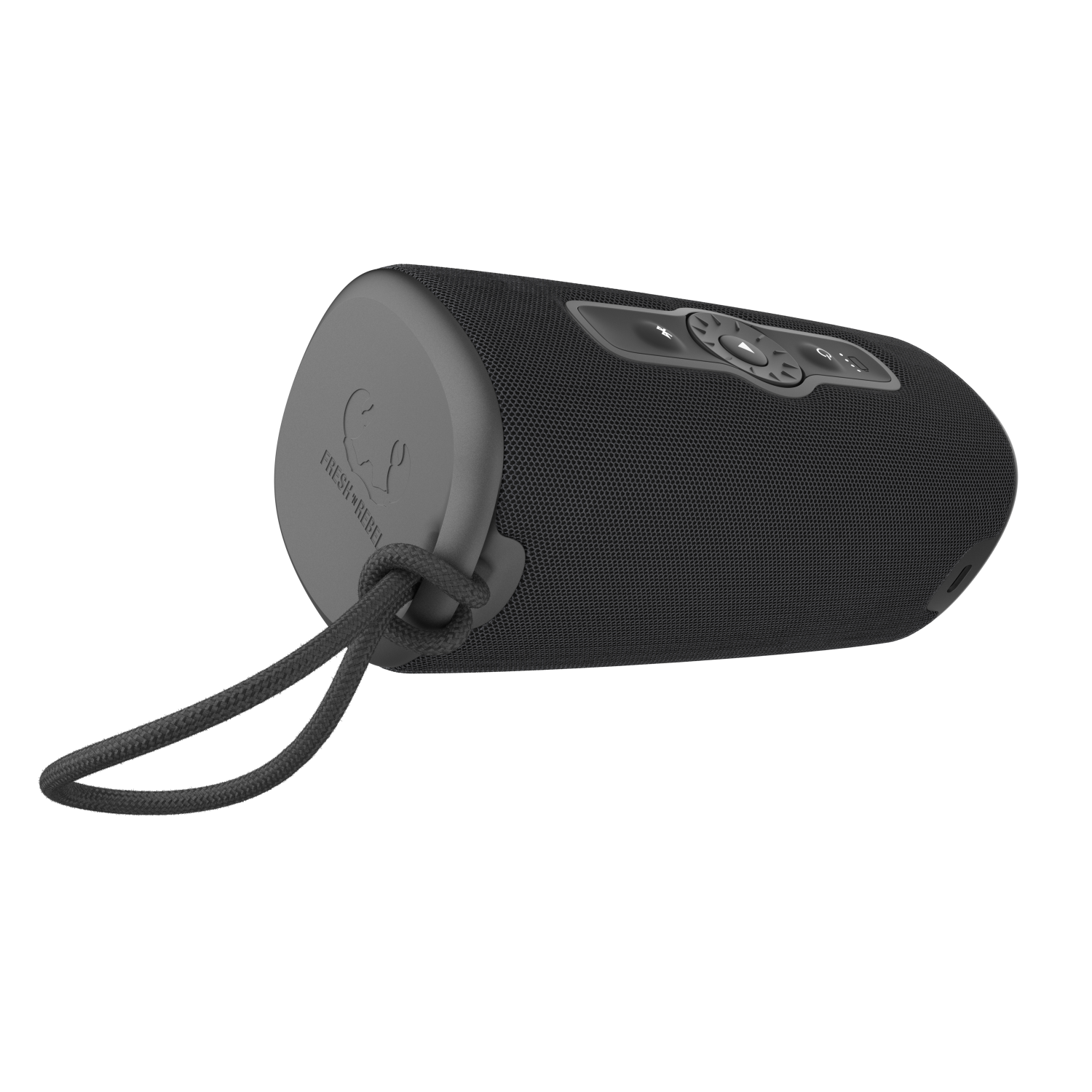 Czarny głośnik z uchwytem z liny.