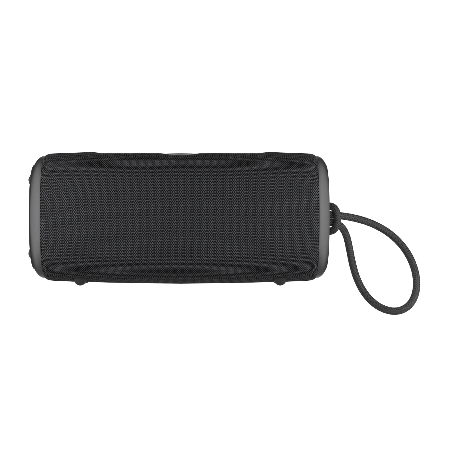 Czarny głośnik. Jest prostokątny z siatkowym przodem i sznurkiem. Tło jest czarne.