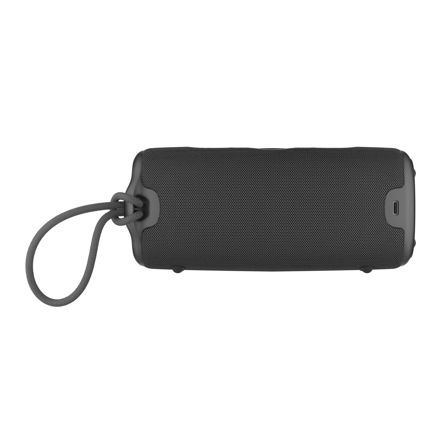 Czarny głośnik z zawiązanym sznurkiem i portem USB-C z boku.