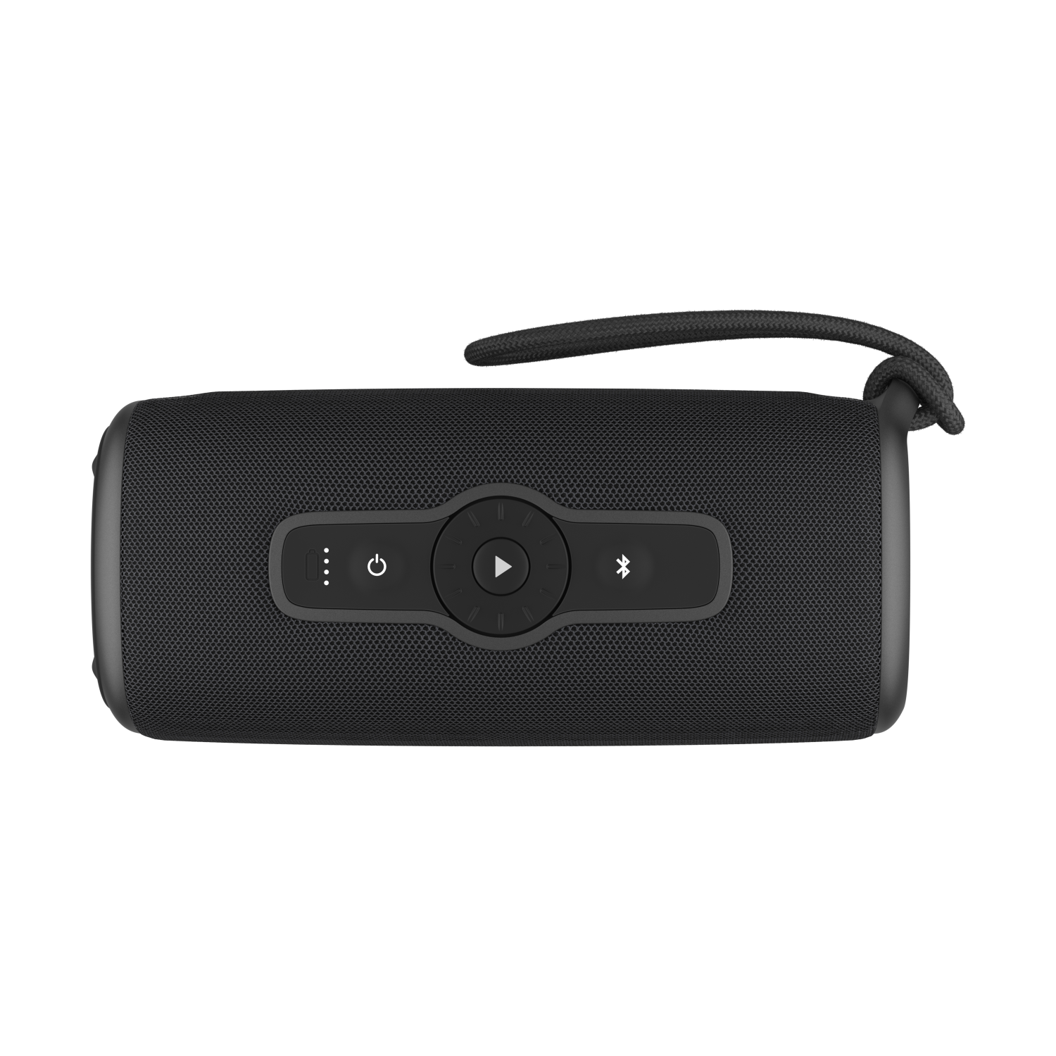 Czarny głośnik z przyciskami sterowania. Czarne tło.