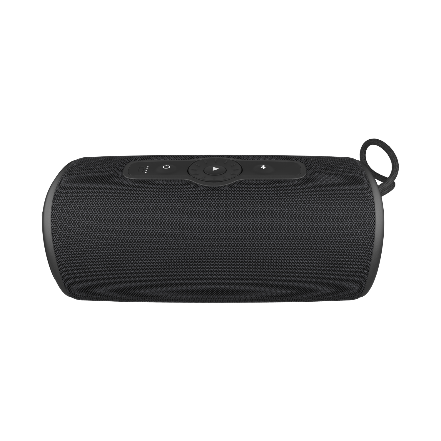 Czarny głośnik cylindryczny z przyciskami sterowania na górze. Na końcu pętla do przenoszenia. Czarne tło.