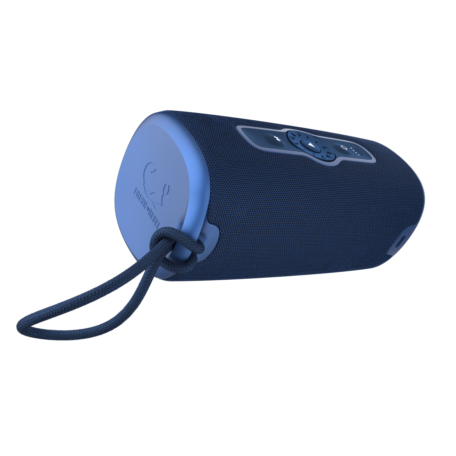 Niebieski głośnik z przyciskami i sznurkiem. Ma prostokątny kształt z siatkową powierzchnią.