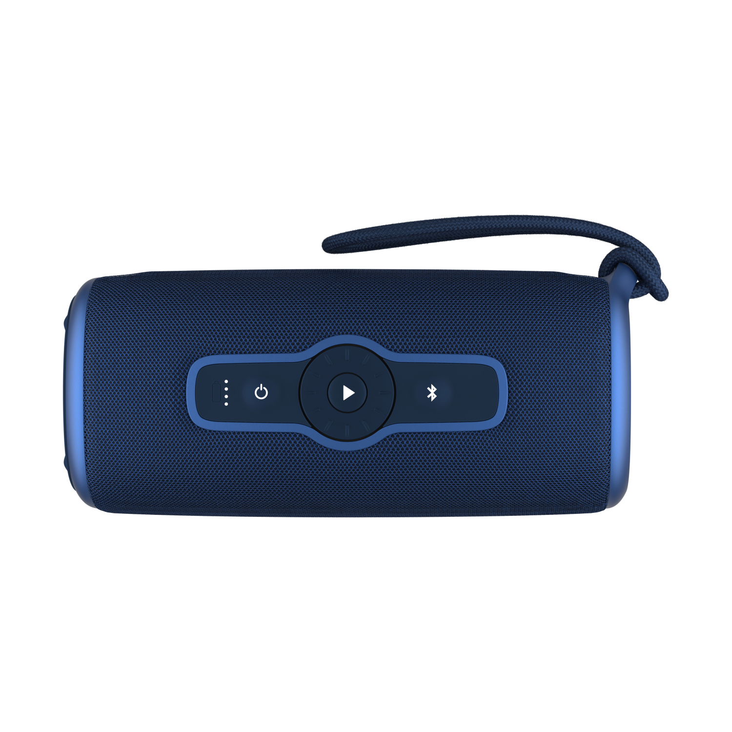 Granatowy głośnik z przyciskami i symbolem odtwarzania na górze.