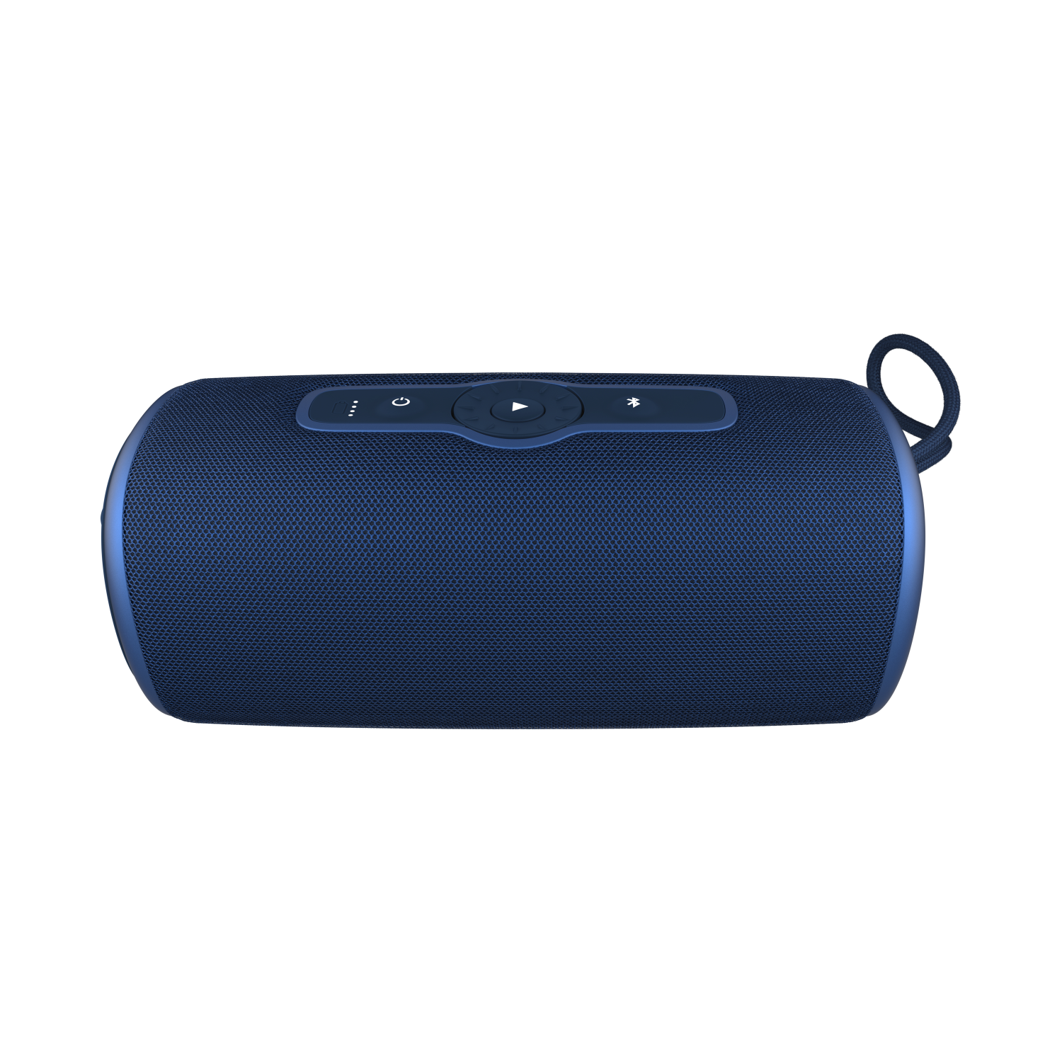 Niebieski głośnik cylindryczny z przyciskami sterowania na górze. Na końcu pętla do przenoszenia. Czarne tło.