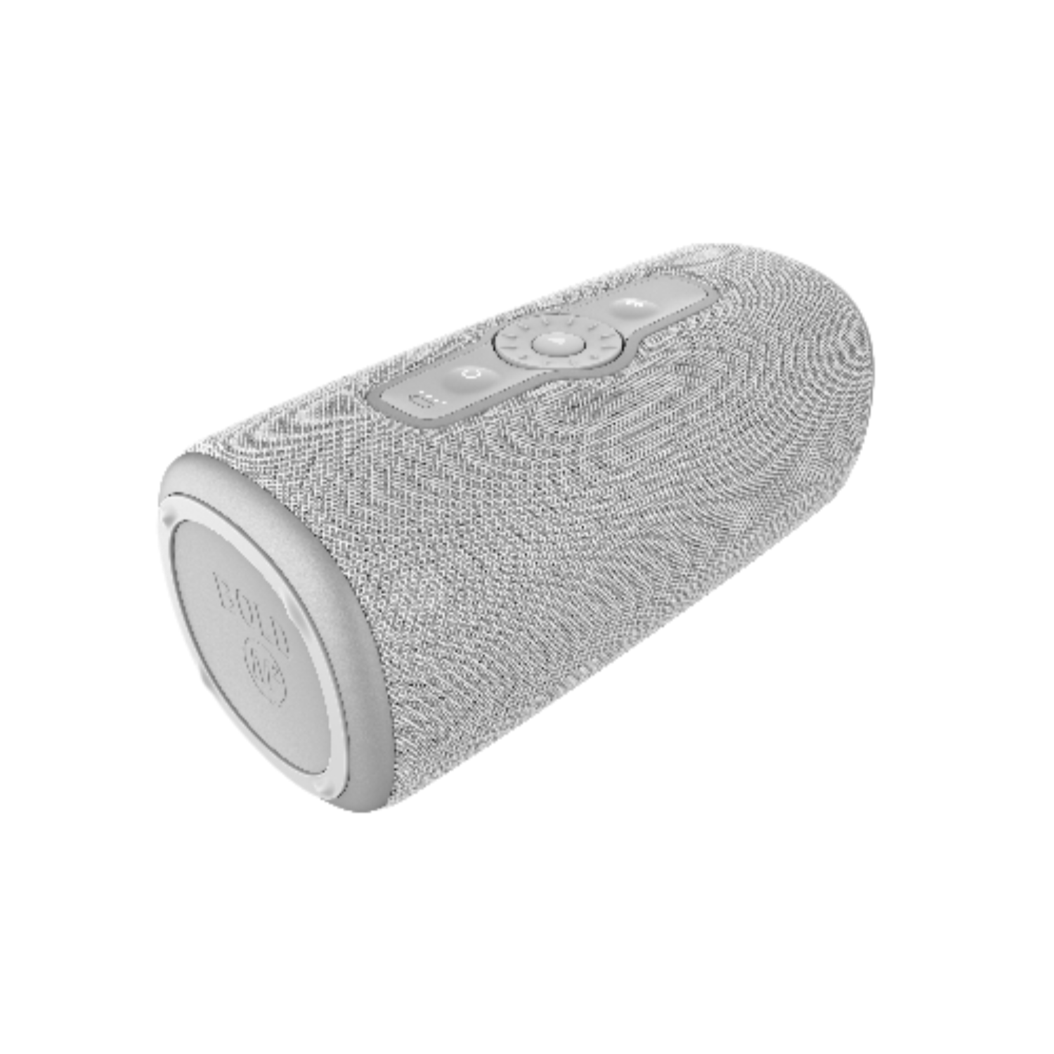 Szary głośnik z elementami sterującymi na górze.