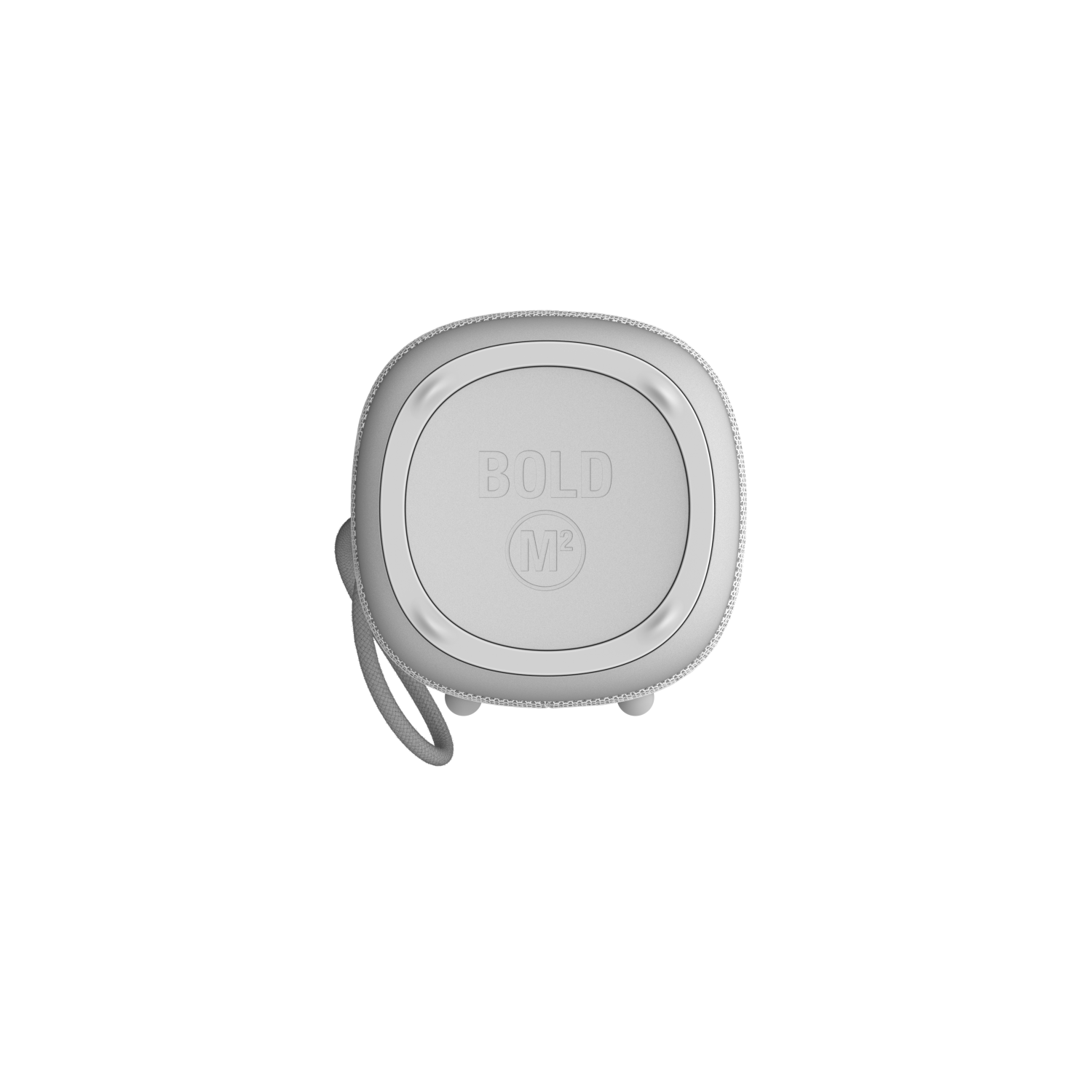 Szary głośnik z uchwytem. Nazwa marki znajduje się na głośniku. Tło jest białe.