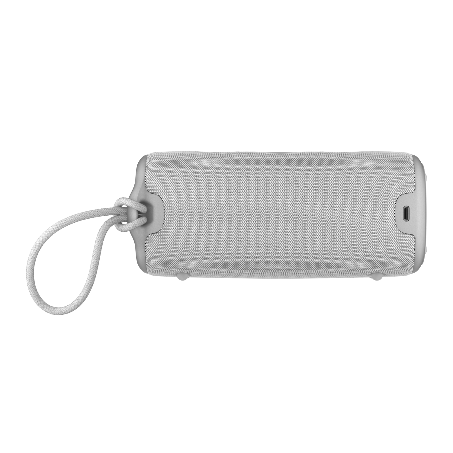 Biały głośnik z pętlą, widok z góry, na czarnym tle.