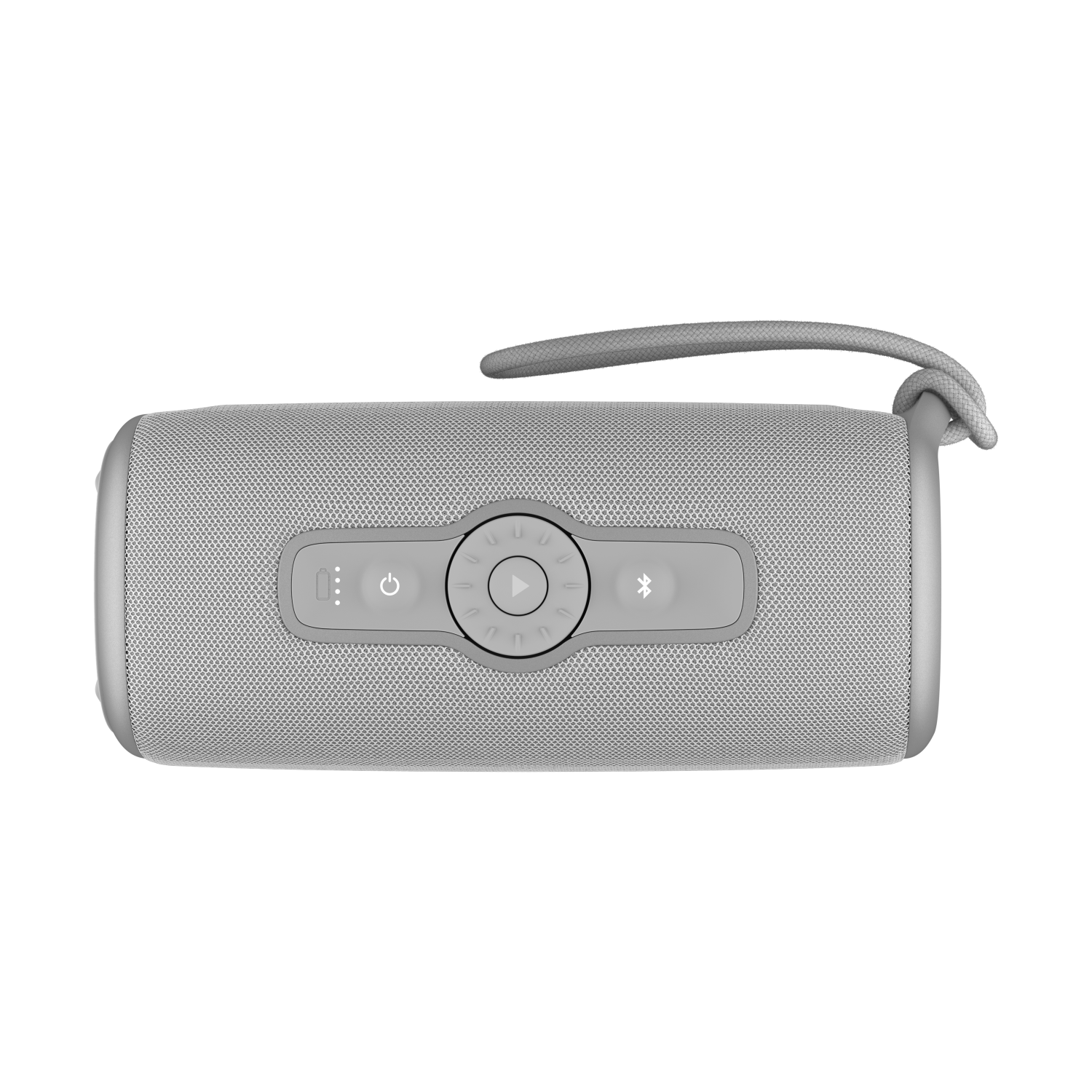 Szary głośnik z przyciskami sterowania z przodu. Uchwyt u góry. Białe tło.