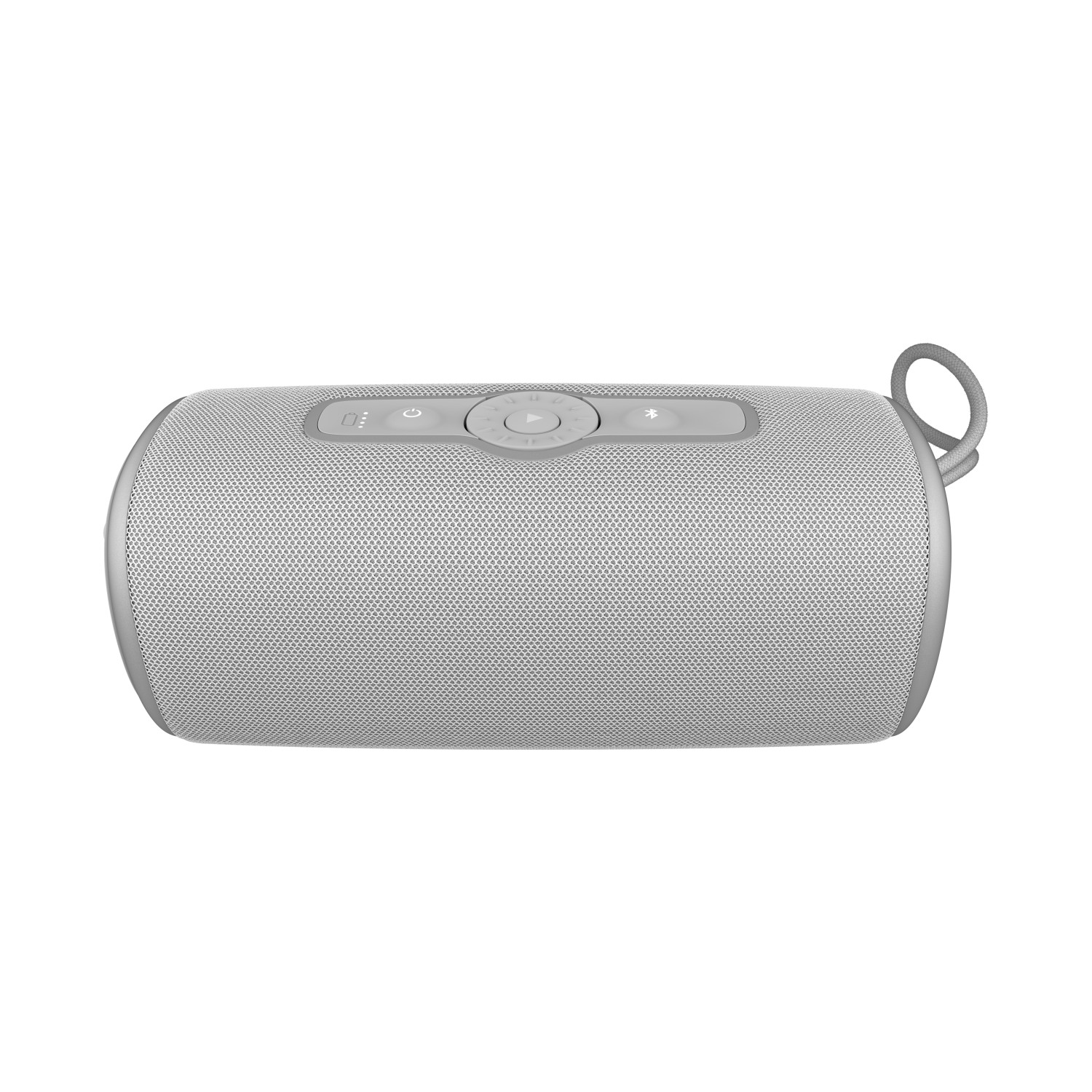 Szary głośnik przenośny. Ma przyciski i pętlę. Ma wzór przypominający siatkę.