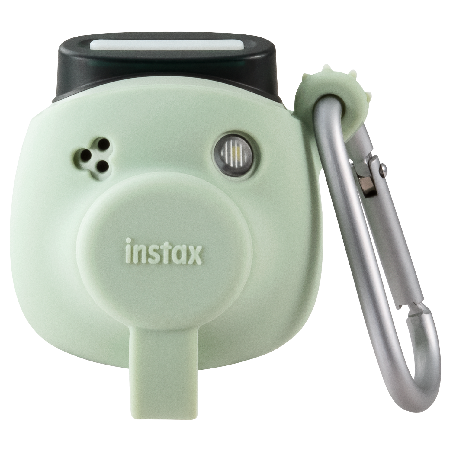 Zielony aparat Instax z czarnym wierzchem, srebrnym klipsem i obiektywem. Czarne tło.