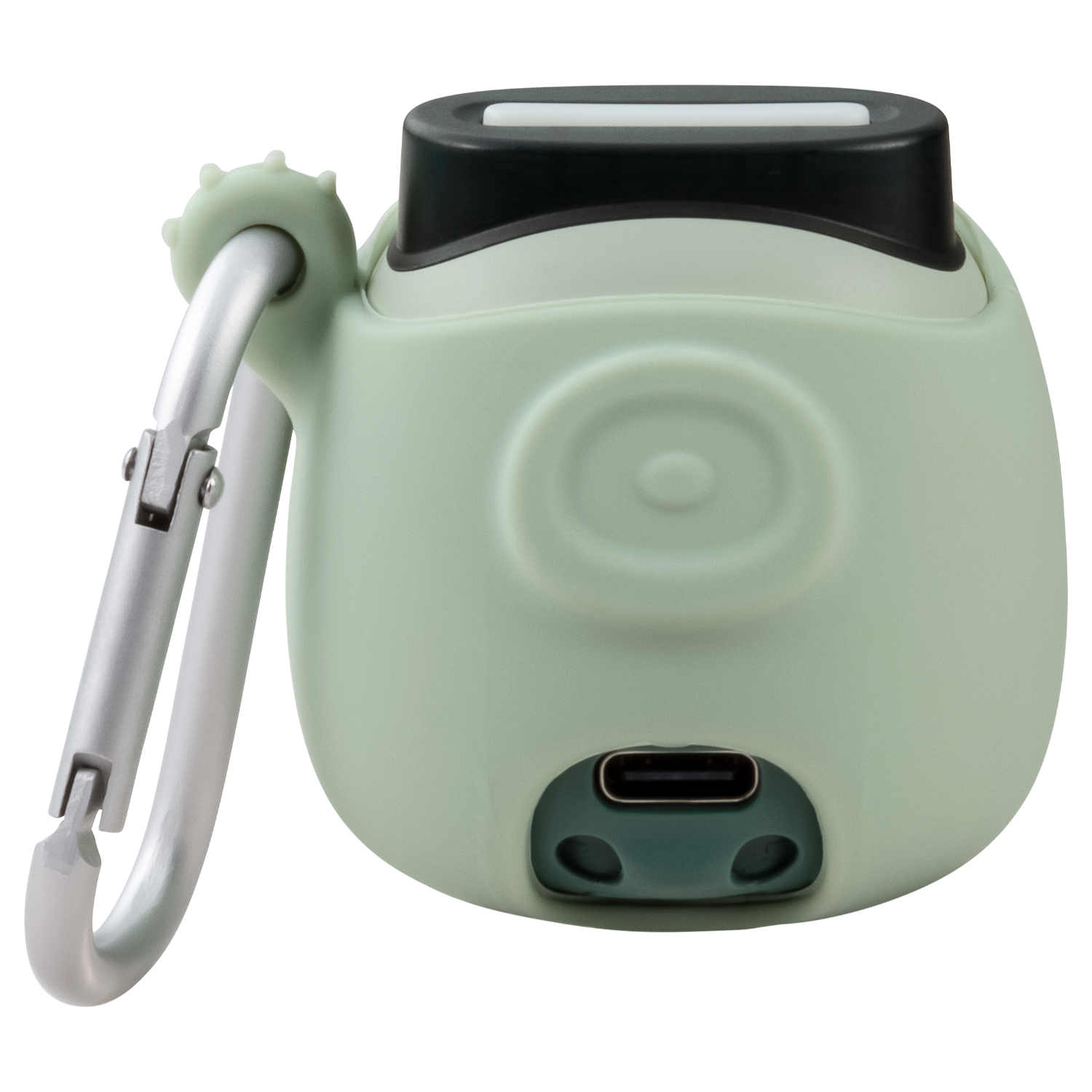 Jasnozielone etui na słuchawki, ze srebrnym karabińczykiem. Widoczny port USB-C.