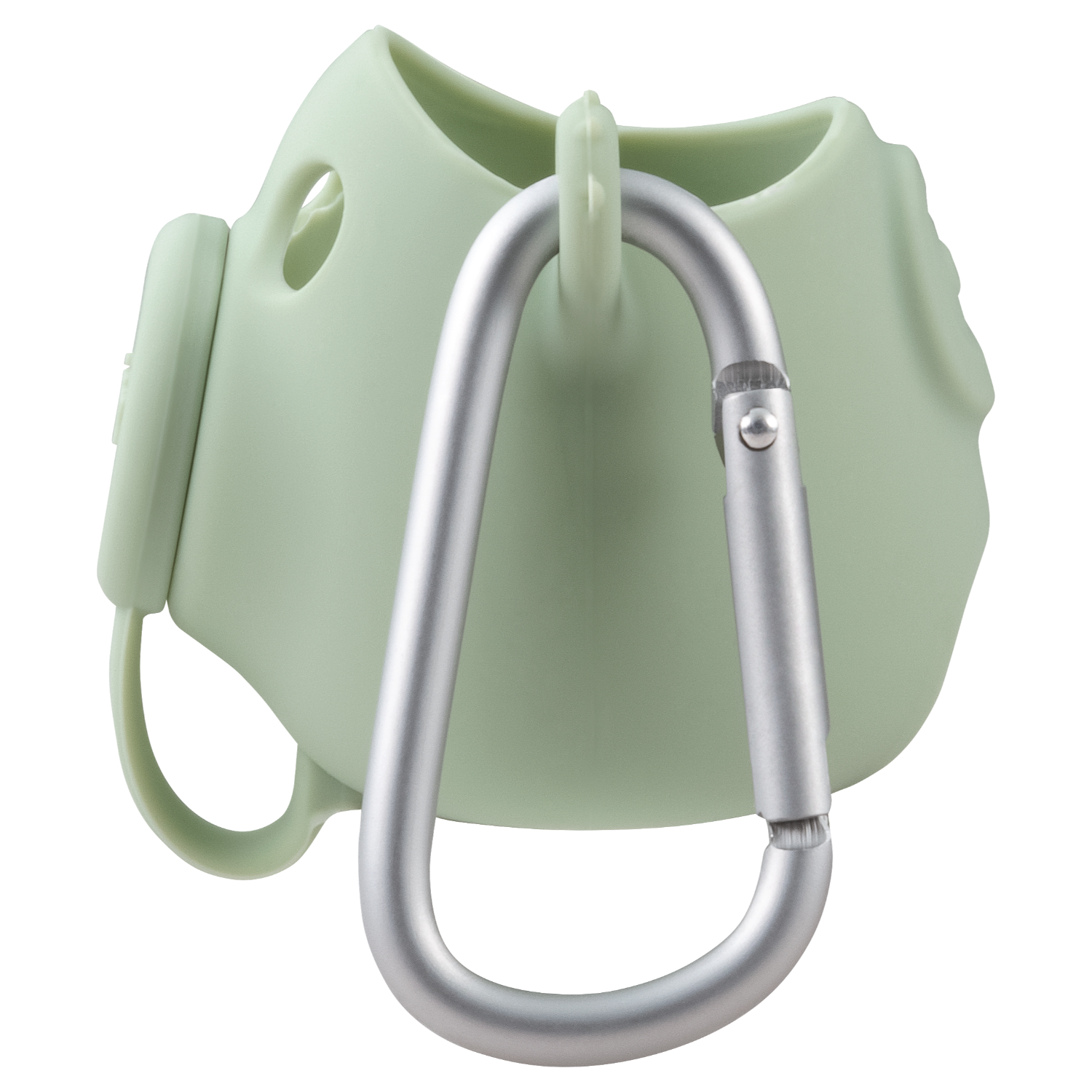 Zielone silikonowe etui ze srebrnym karabińczykiem. Czarne tło.