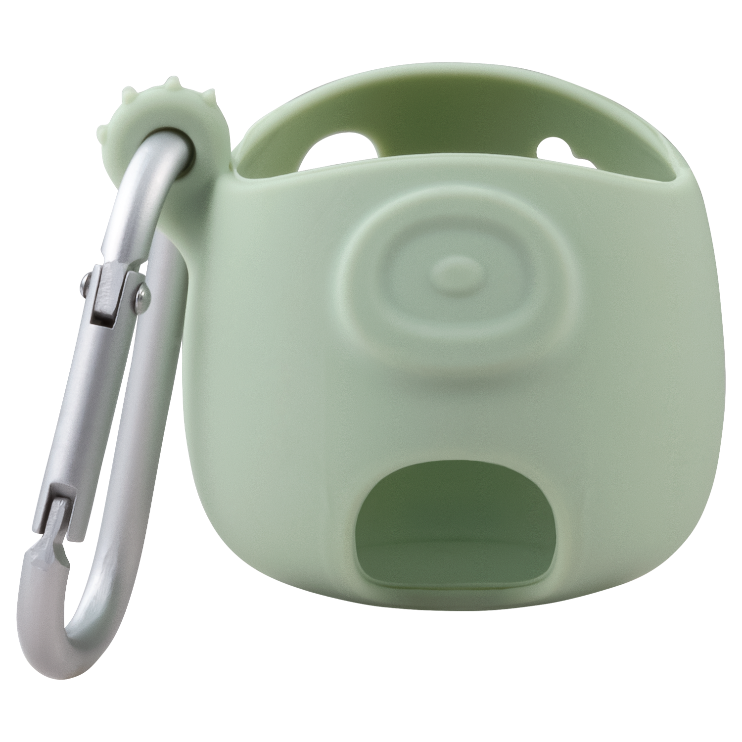 Jasnozielone silikonowe etui z karabińczykiem na czarnym tle.